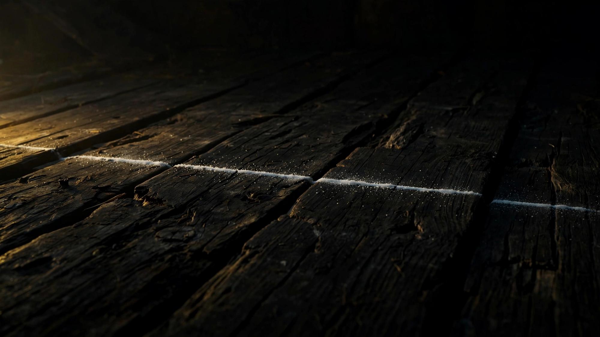 A thin line of salt on dark boards. Nothing is written in it.