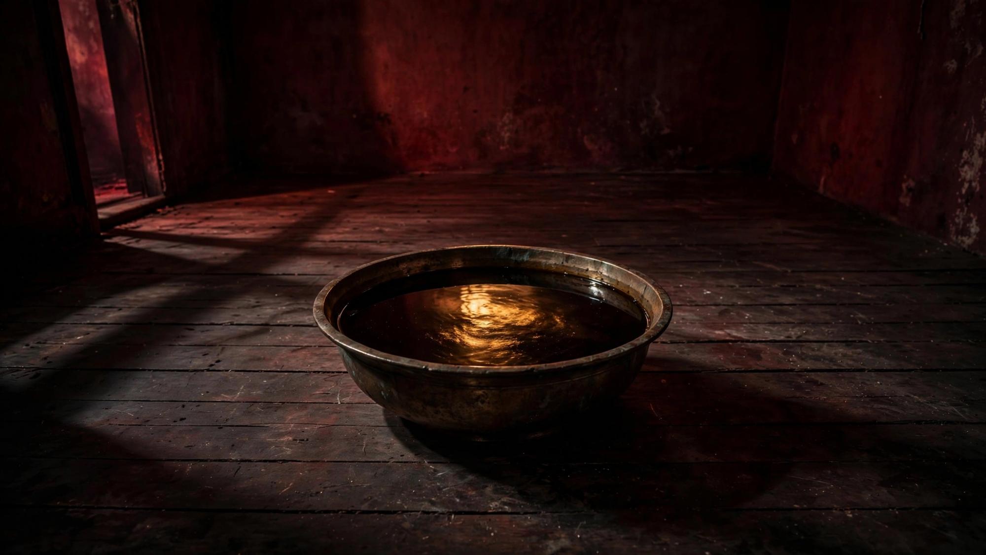 A bronze bowl left open. Dark oil. No one has closed it.