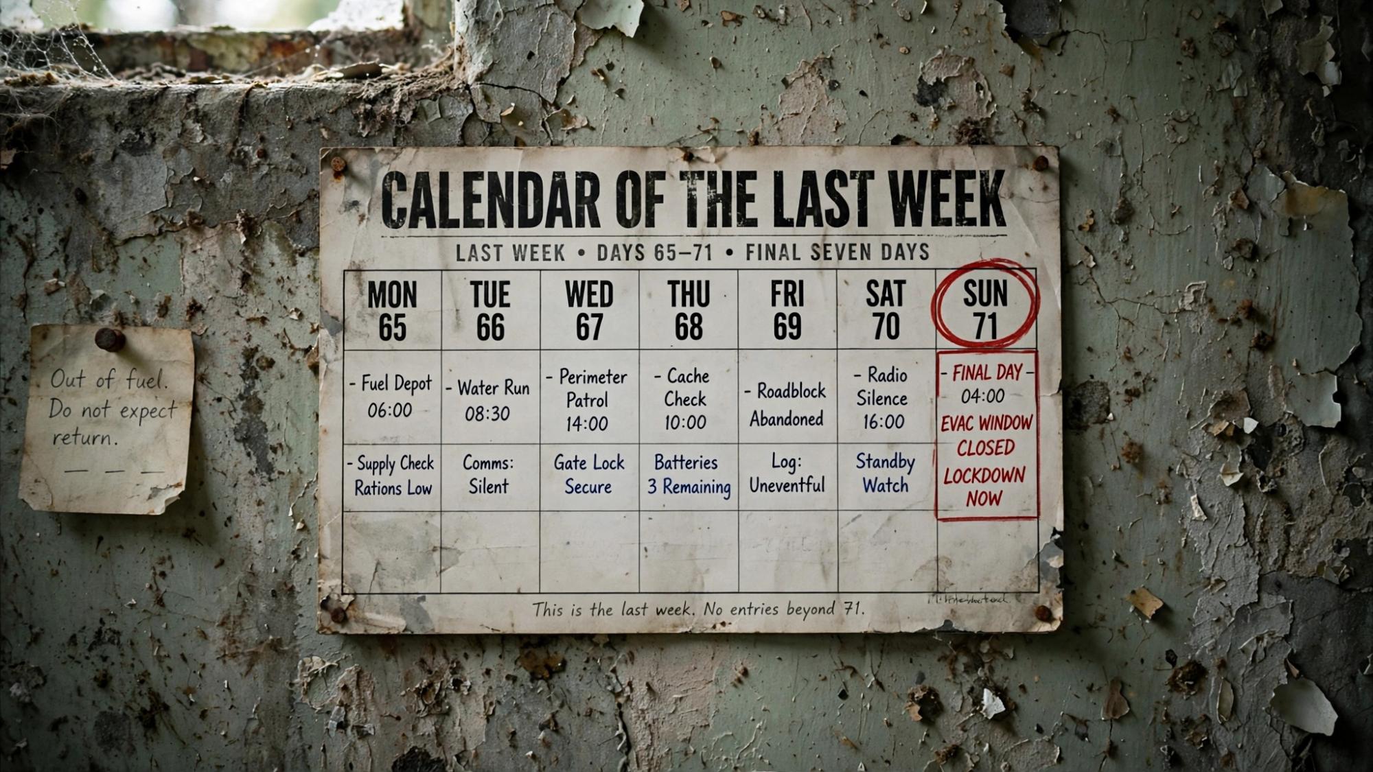 Calendar of the last week. Seventy-one is the last day.