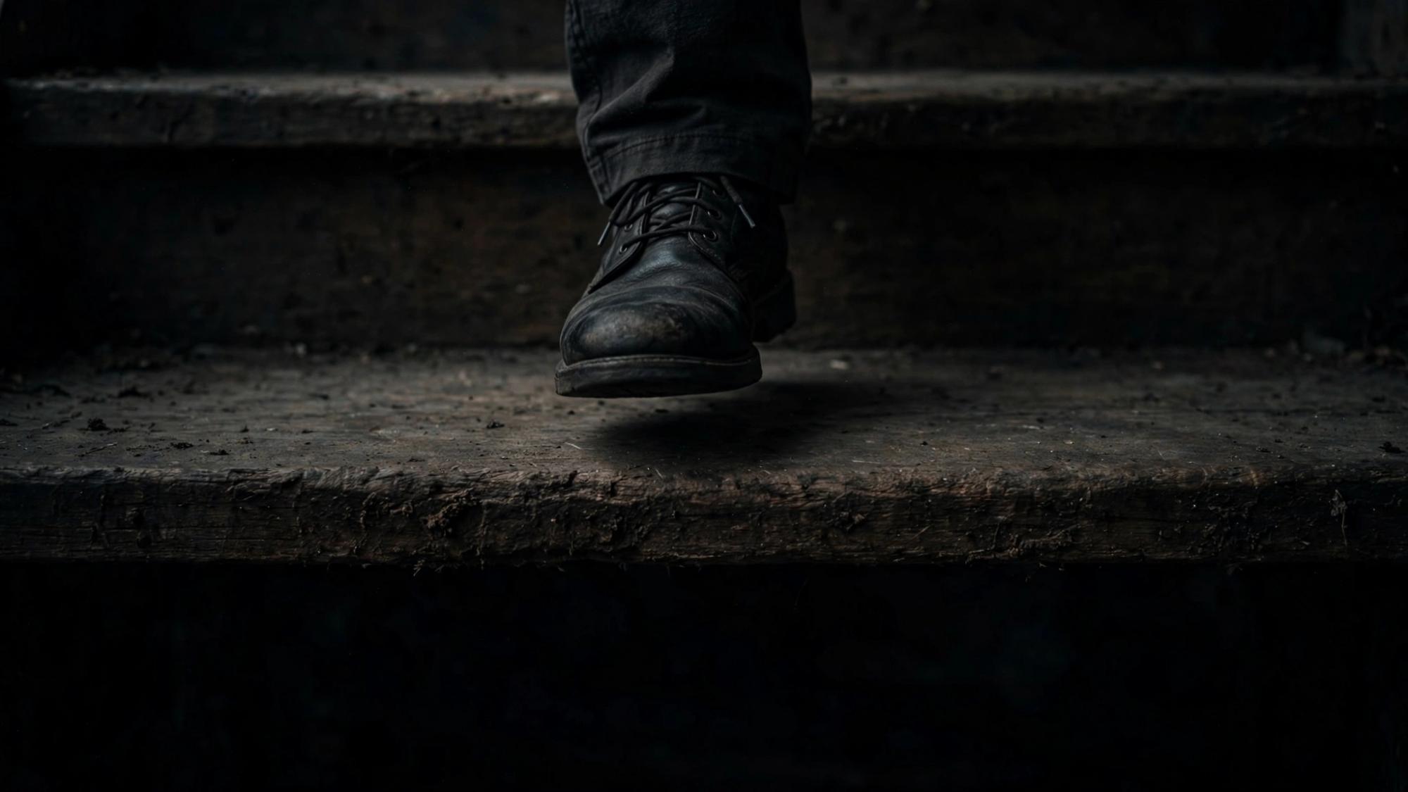 One shoe above the first dark step.