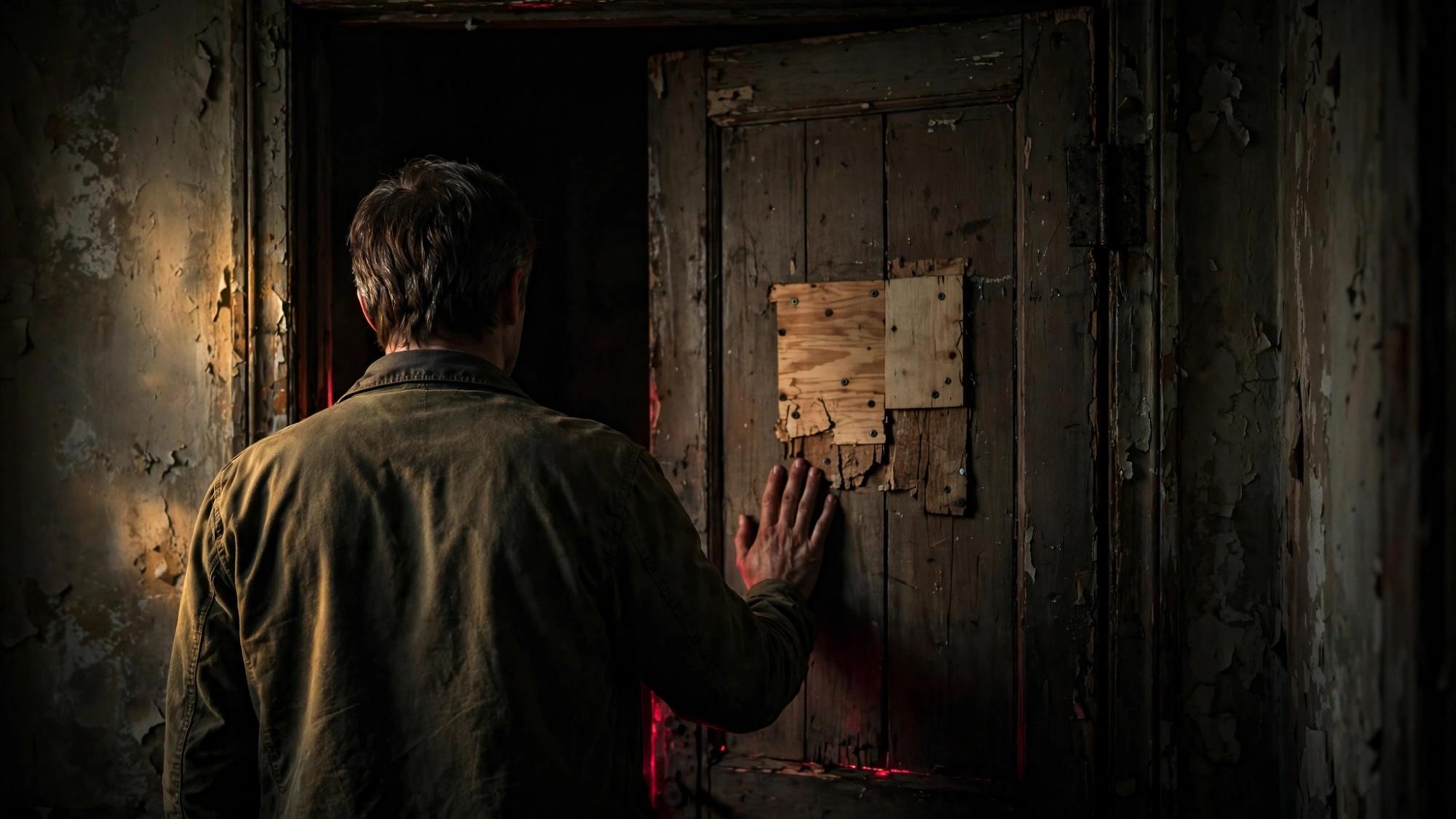 A repaired door. The patch is honest about the break. A hand rests and does not take it. The far side stays dark.