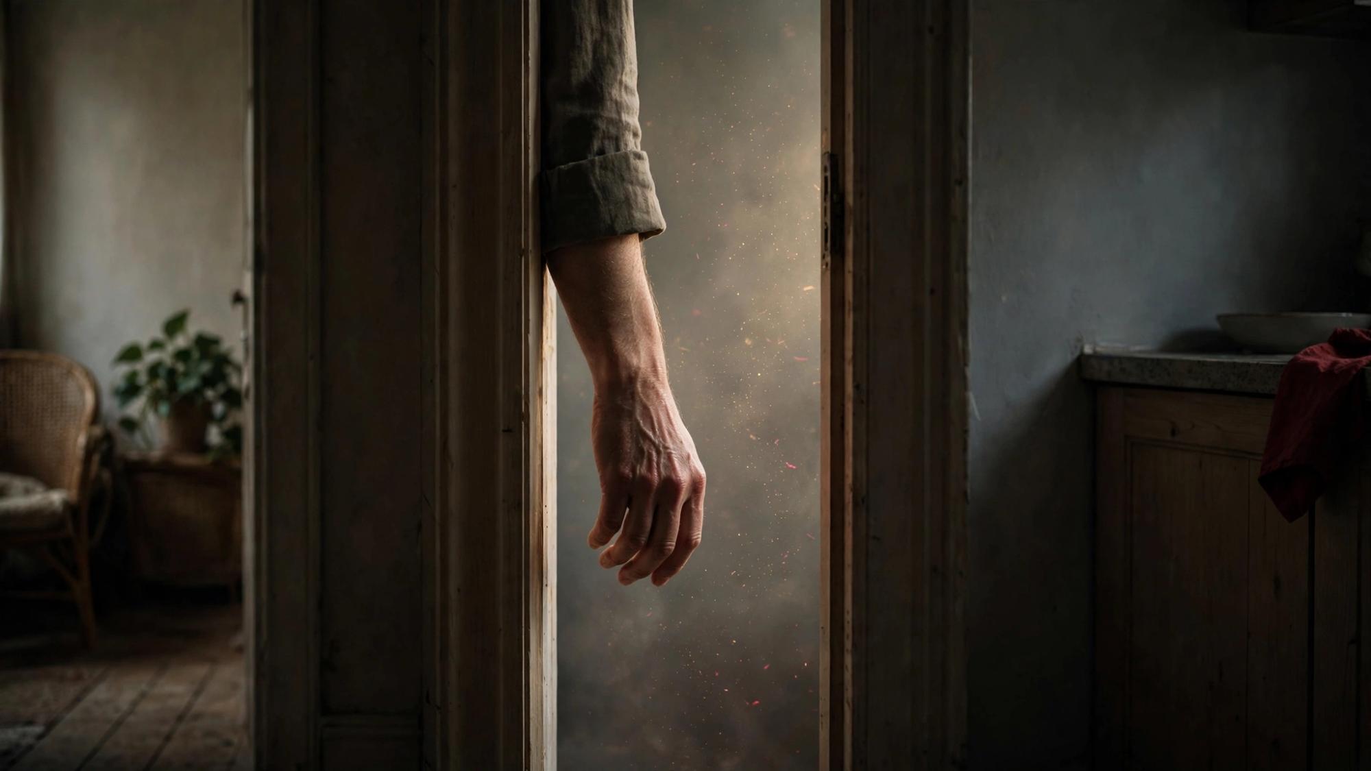 Two rooms and the open strip between them. One arm has not chosen a side.