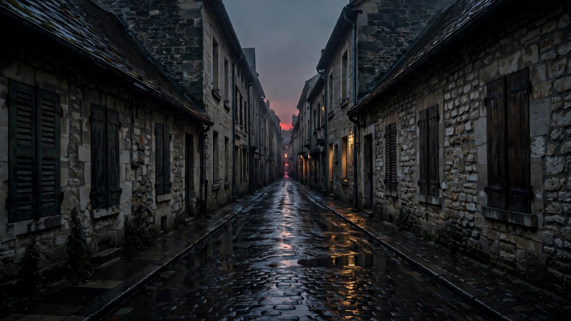 Wet street. The corners and the rooflines agree on one triangle. Nothing is drawn.