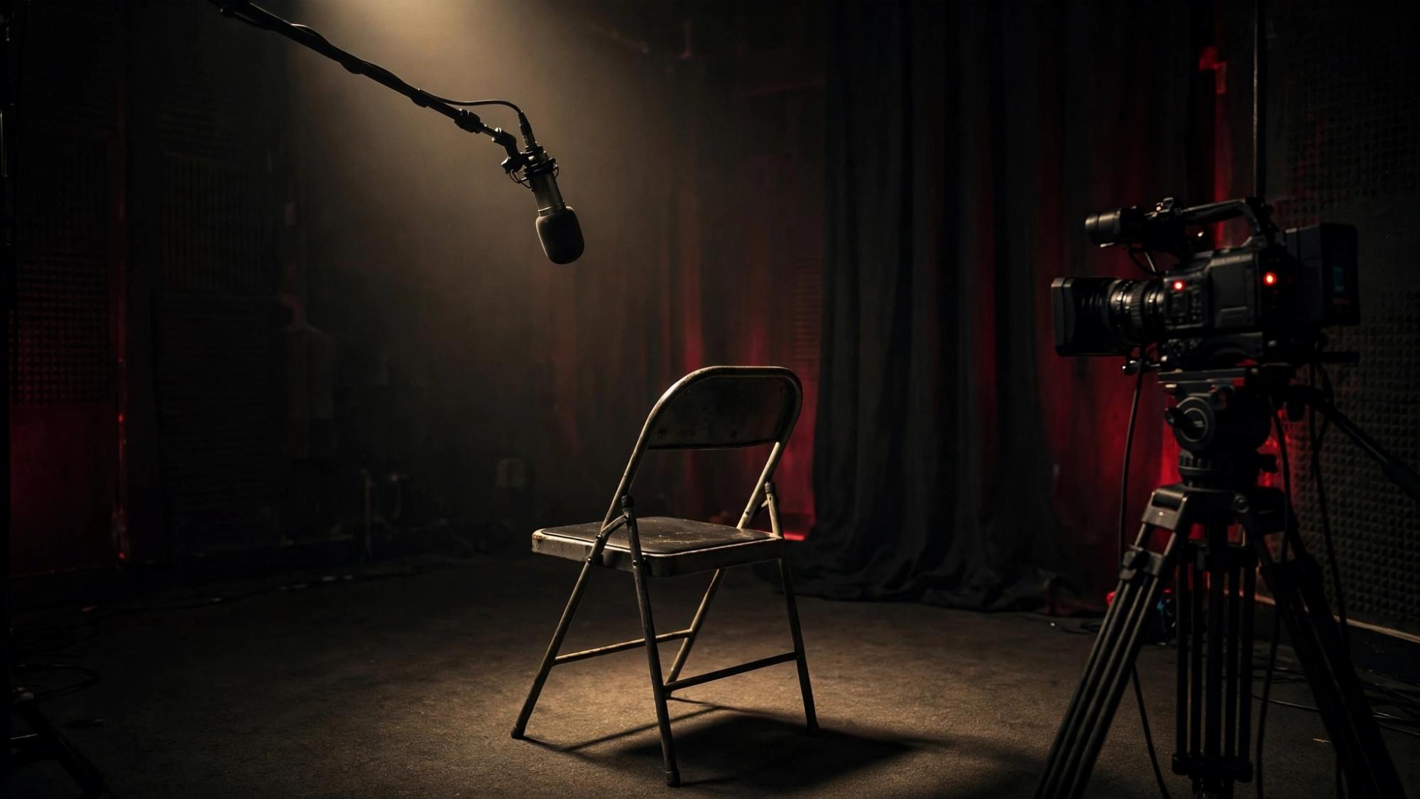 One chair under hard light. A microphone waits. The camera is still on. Nobody sits.