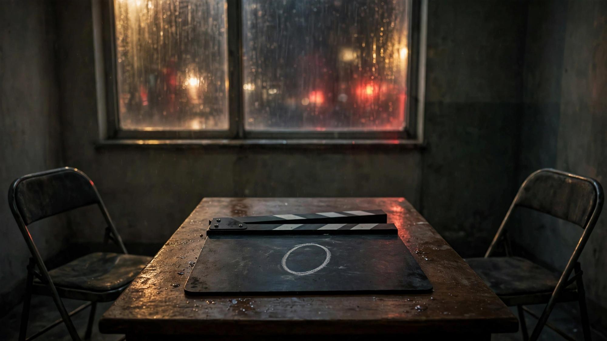 A slate. The only readable mark is 0. Empty chairs. Rain on the glass.