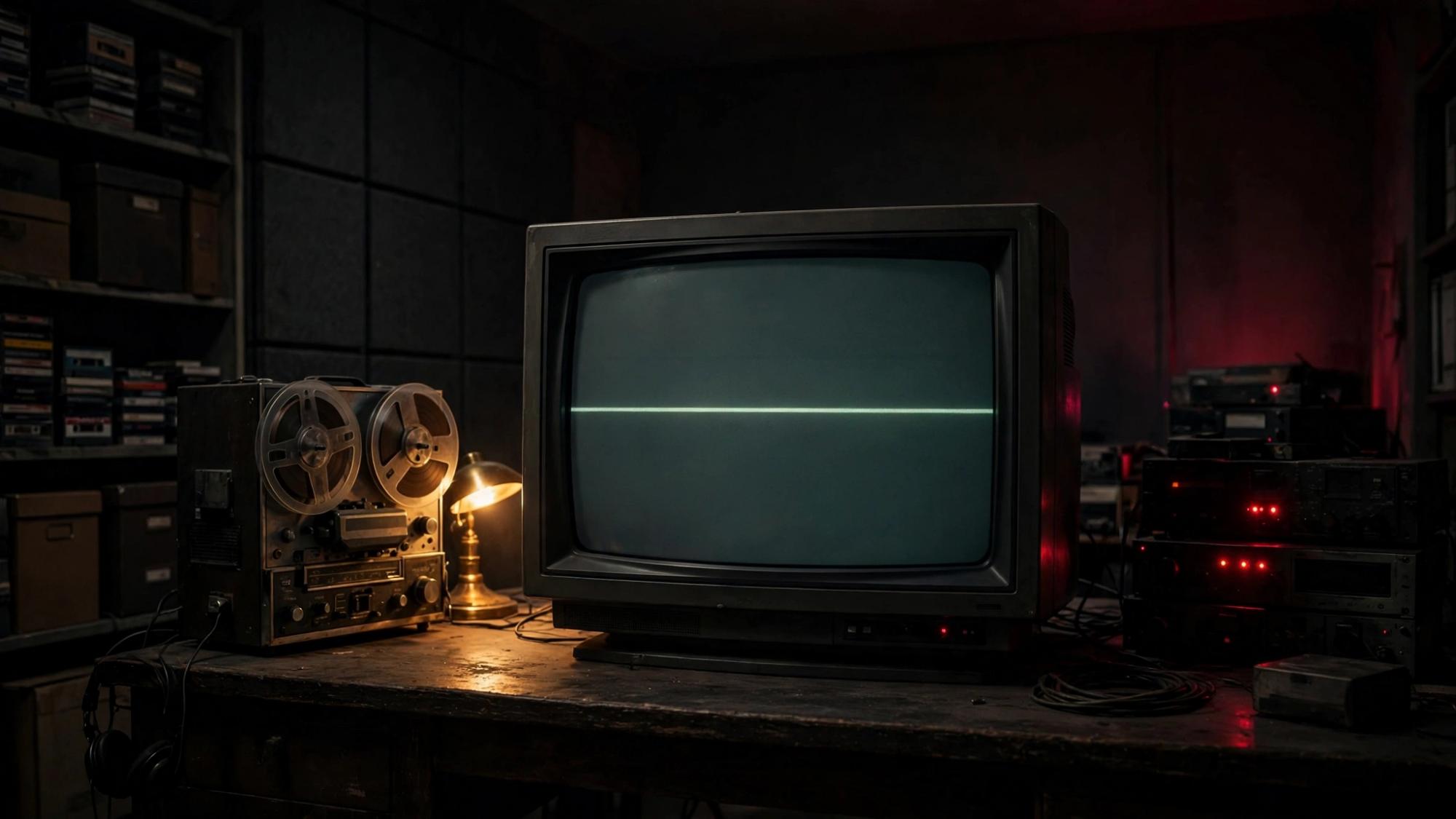 A monitor holds one flat line. The tape keeps the silence. No face in the noise.