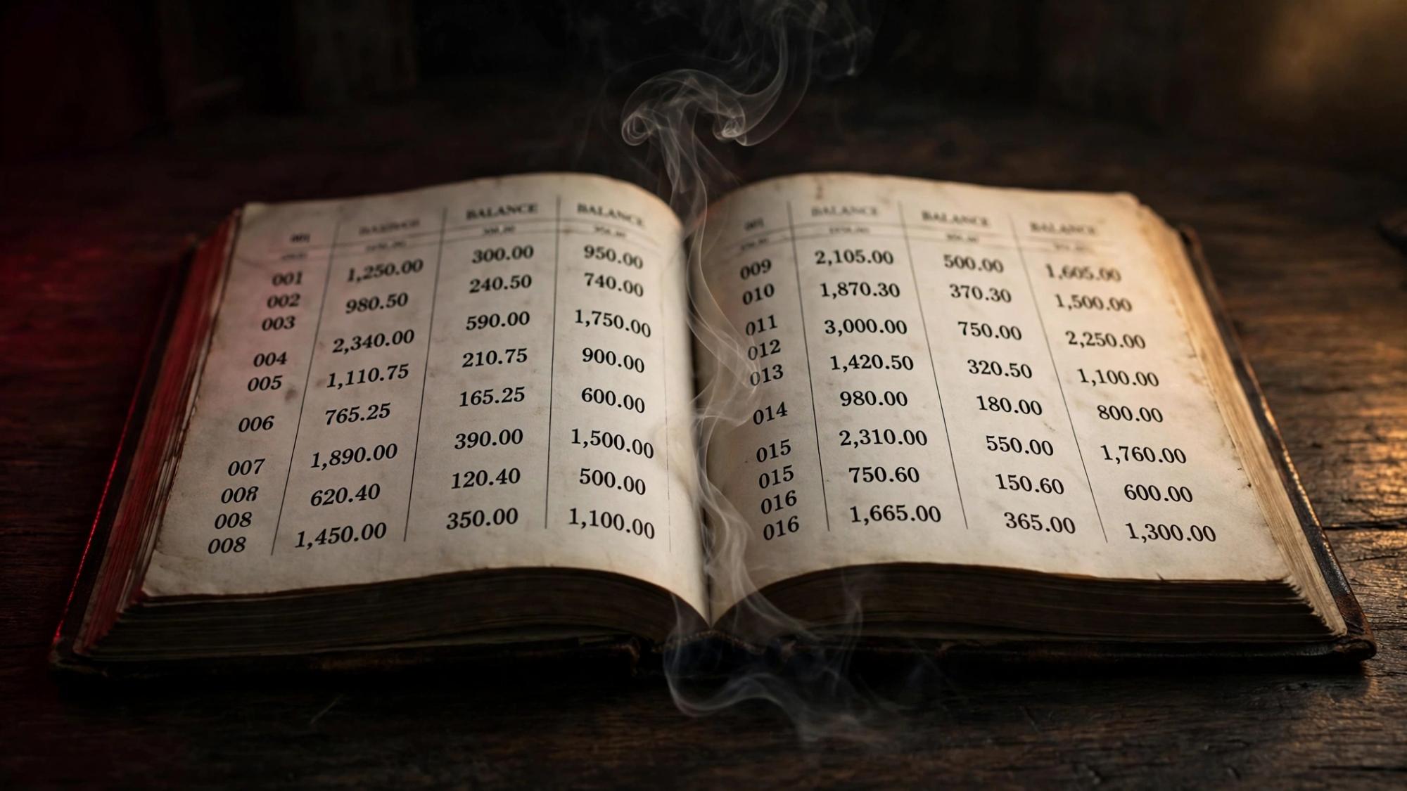 An open ledger. The columns of numbers can be read. Smoke in the gutter. Nobody at the desk.