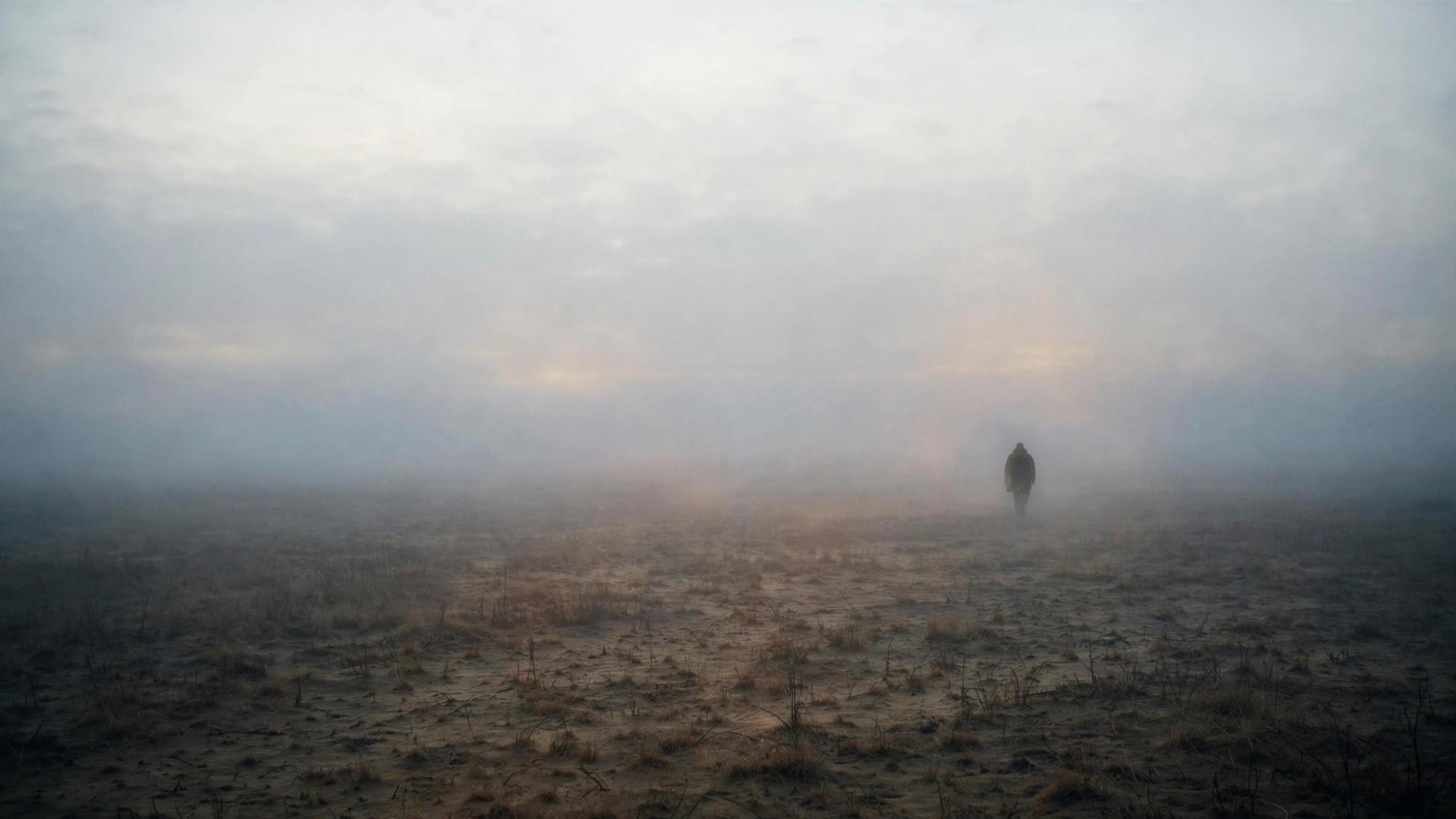 Dead ground and a pale sky. No walls. One figure the fog will not let closer.