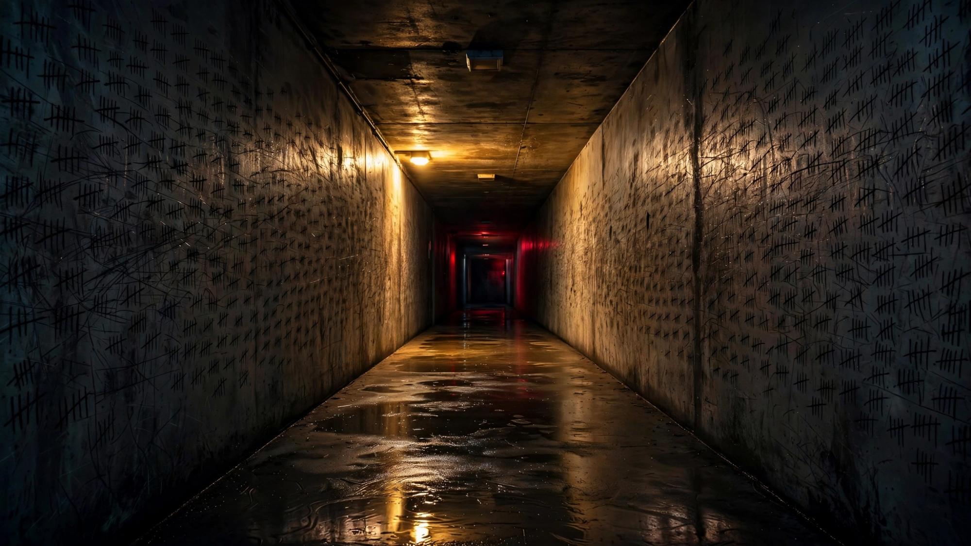 A straight wet corridor. The tally marks have multiplied. The walls have not. No blood.