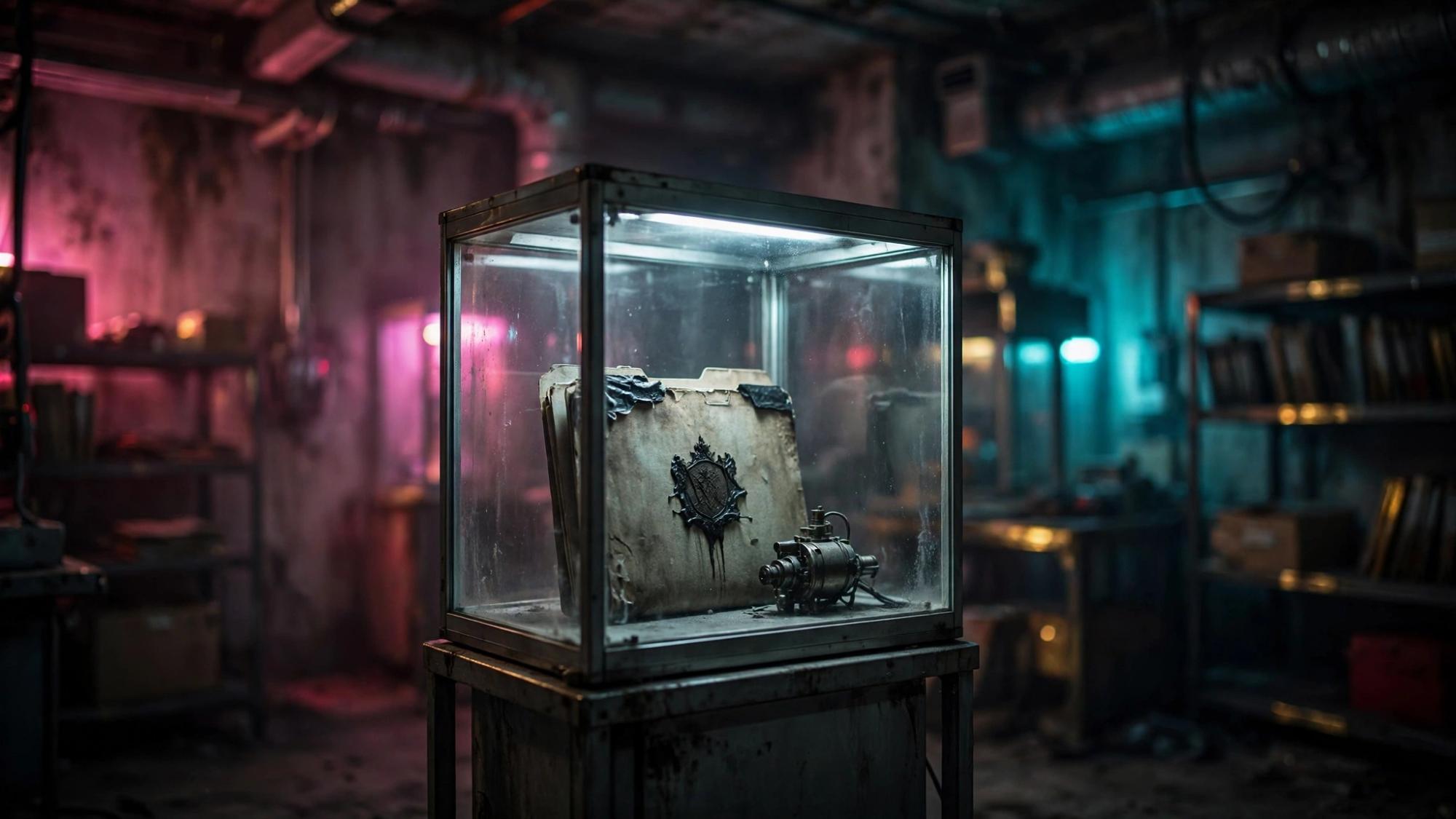 A glass case and a file. Cold light. Pink and cyan are only light. No readable words.