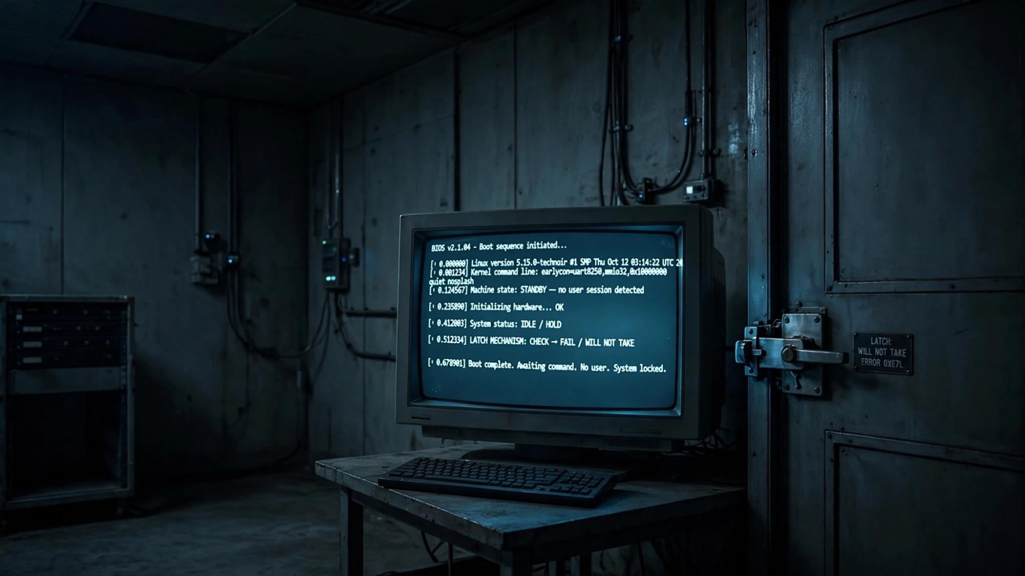 A finished room still booting. The screen can be read. The latch will not take.
