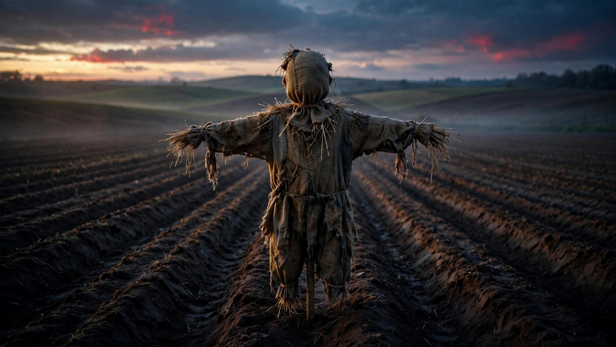 One scarecrow in a worked field. Standing still is the action. Dusk.