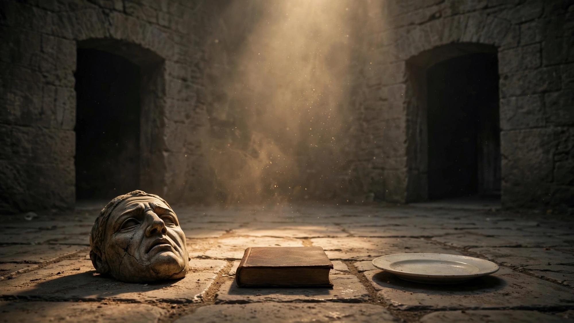 Two unmarked ways. A face, a closed book, an empty plate.
