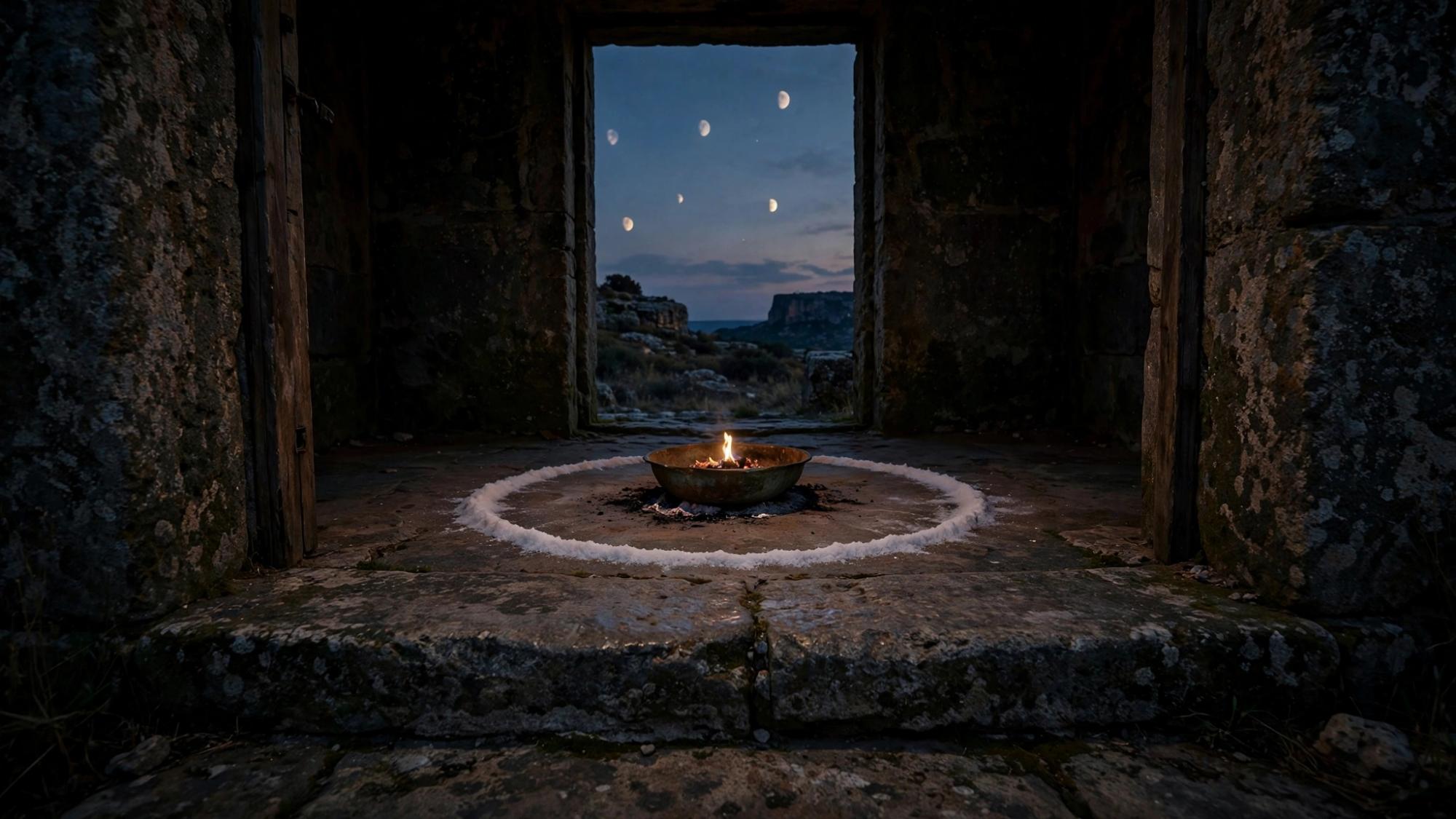 The rite already started. A bowl, a circle of salt, several moons.