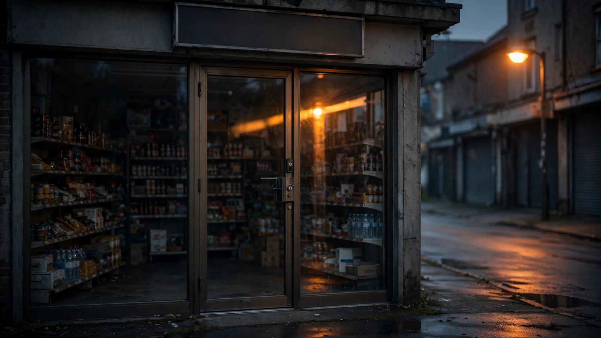 A locked shop. The shelves are still stocked. The sign is blank.