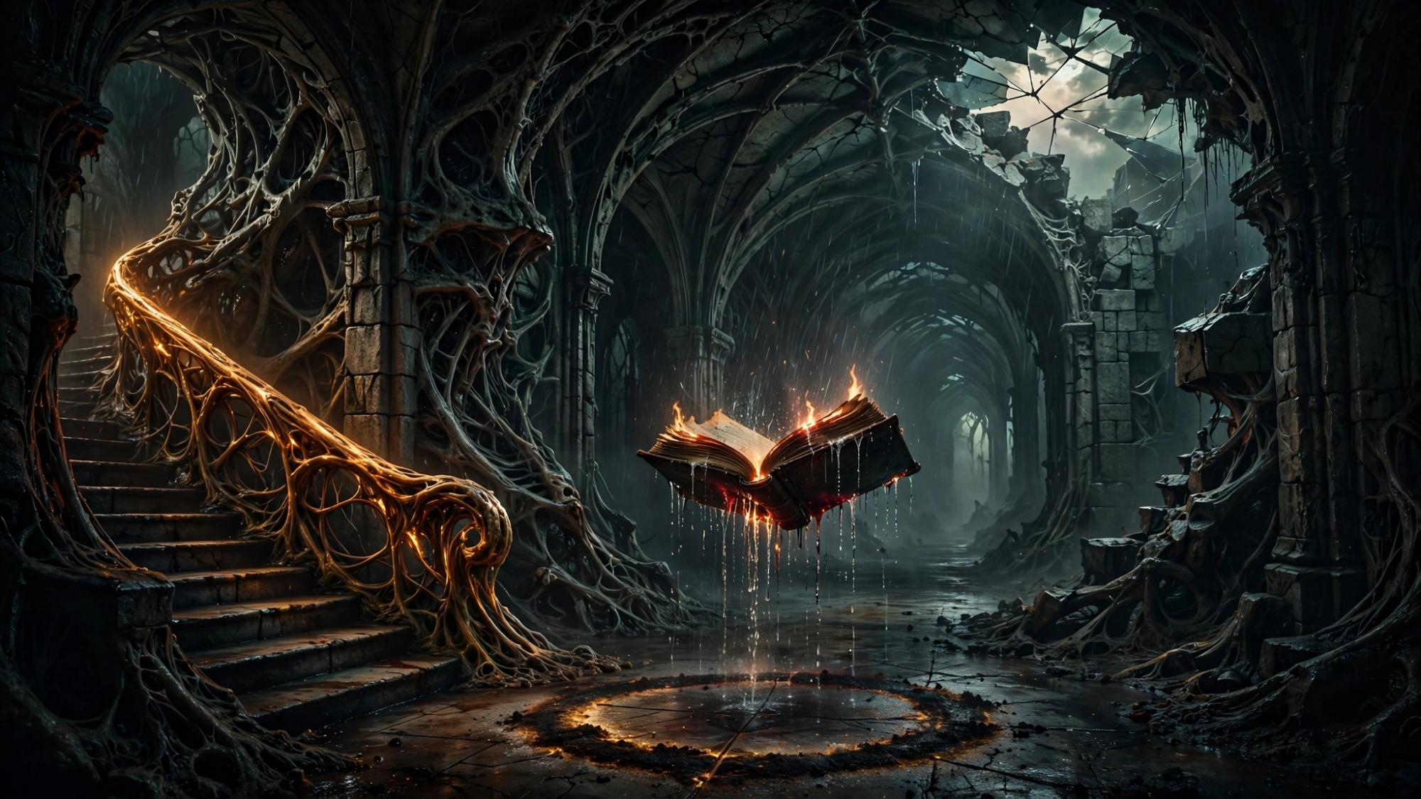Darkness and Psyche — a book burning in a root-bound nave, the one light the house did not turn on