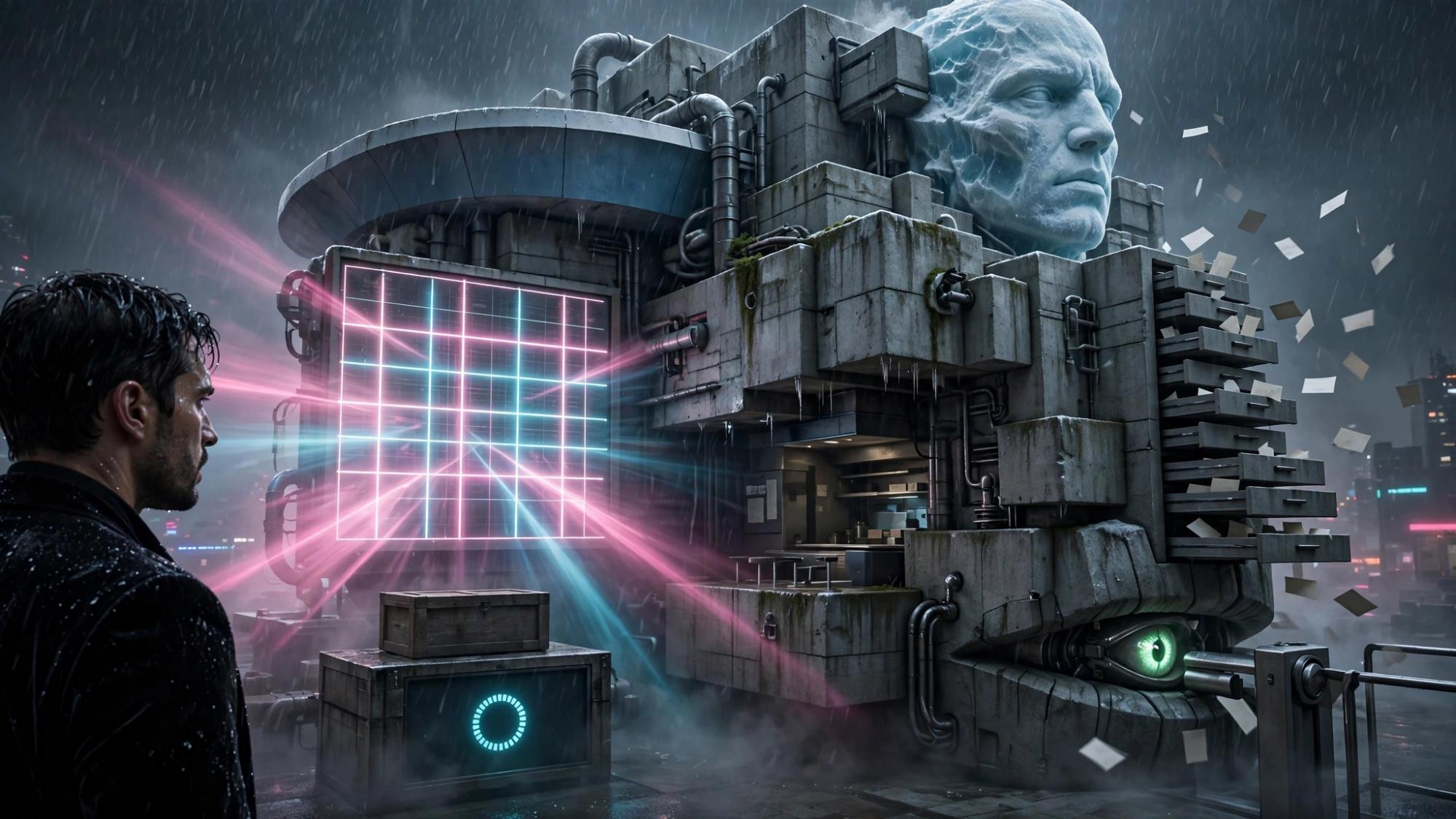 Future and Machine — a rain-soaked machine with a neon grid, an ice head, and one green eye