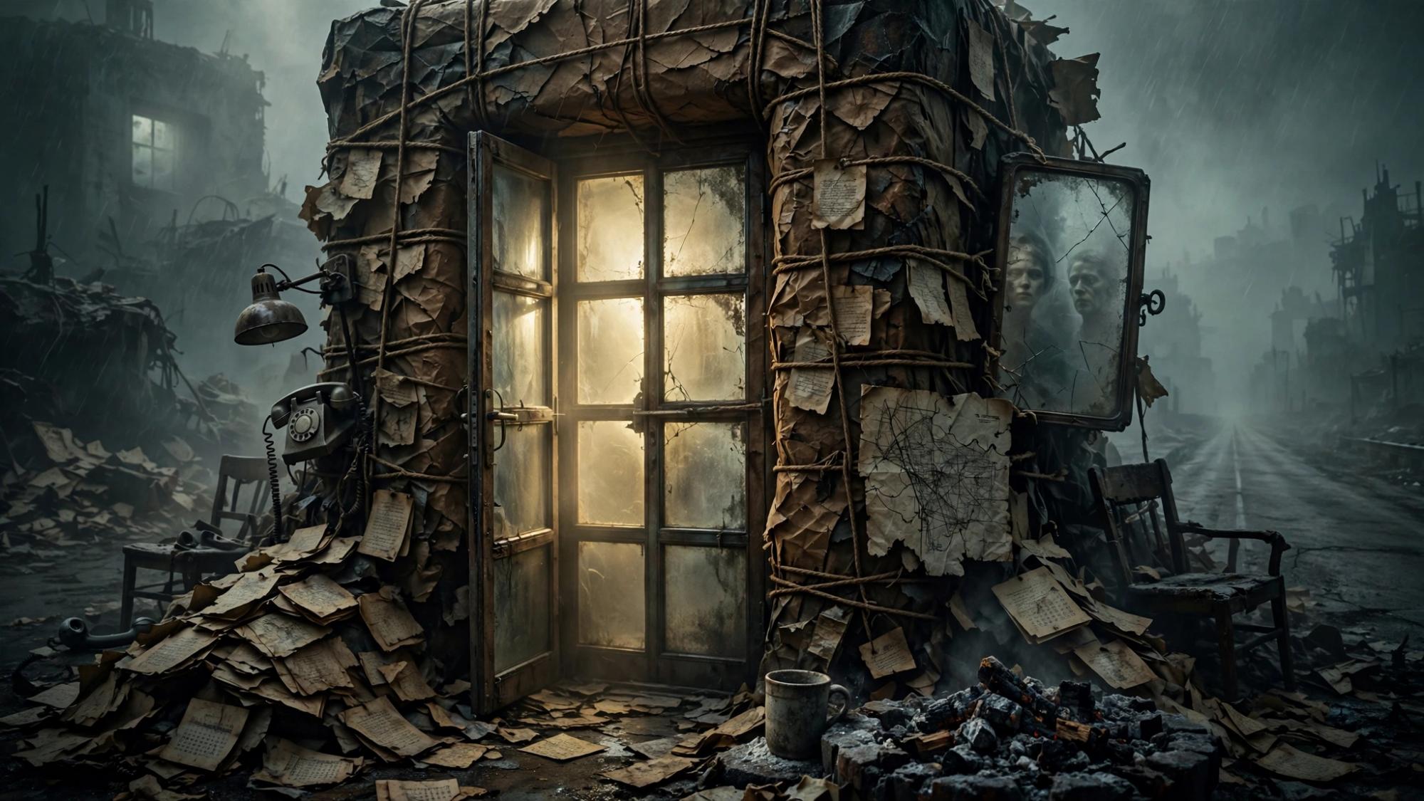 Human and Fate — a paper-bound door left open in the rain, after the street has gone
