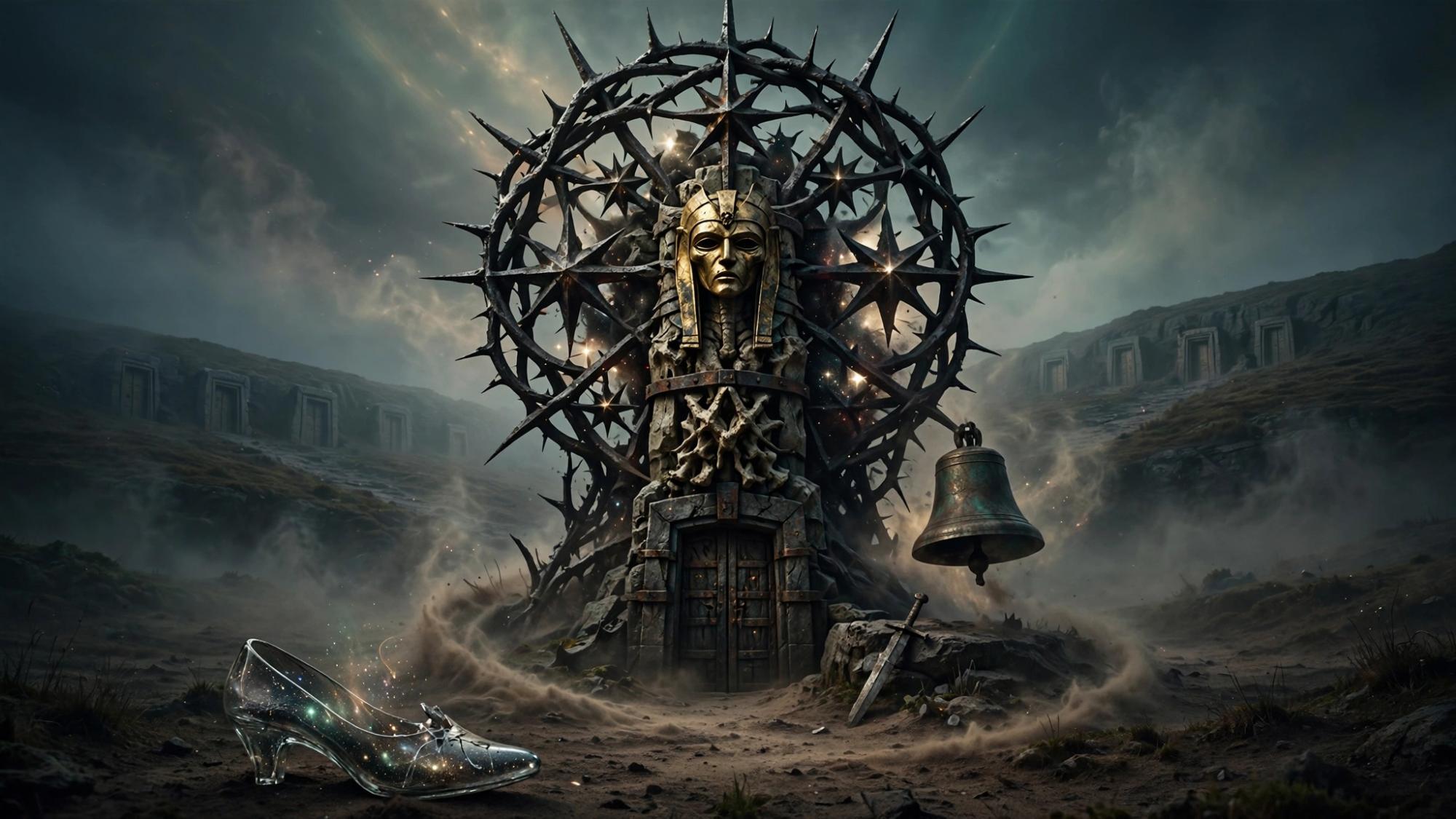 World and Myth — a gold mask, a glass slipper, a bell, and a sword left on the ground