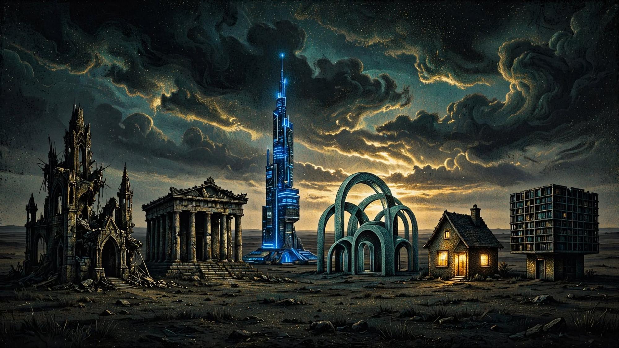 The Houses — six buildings standing in one field: ruin, temple, tower, arches, cottage, library