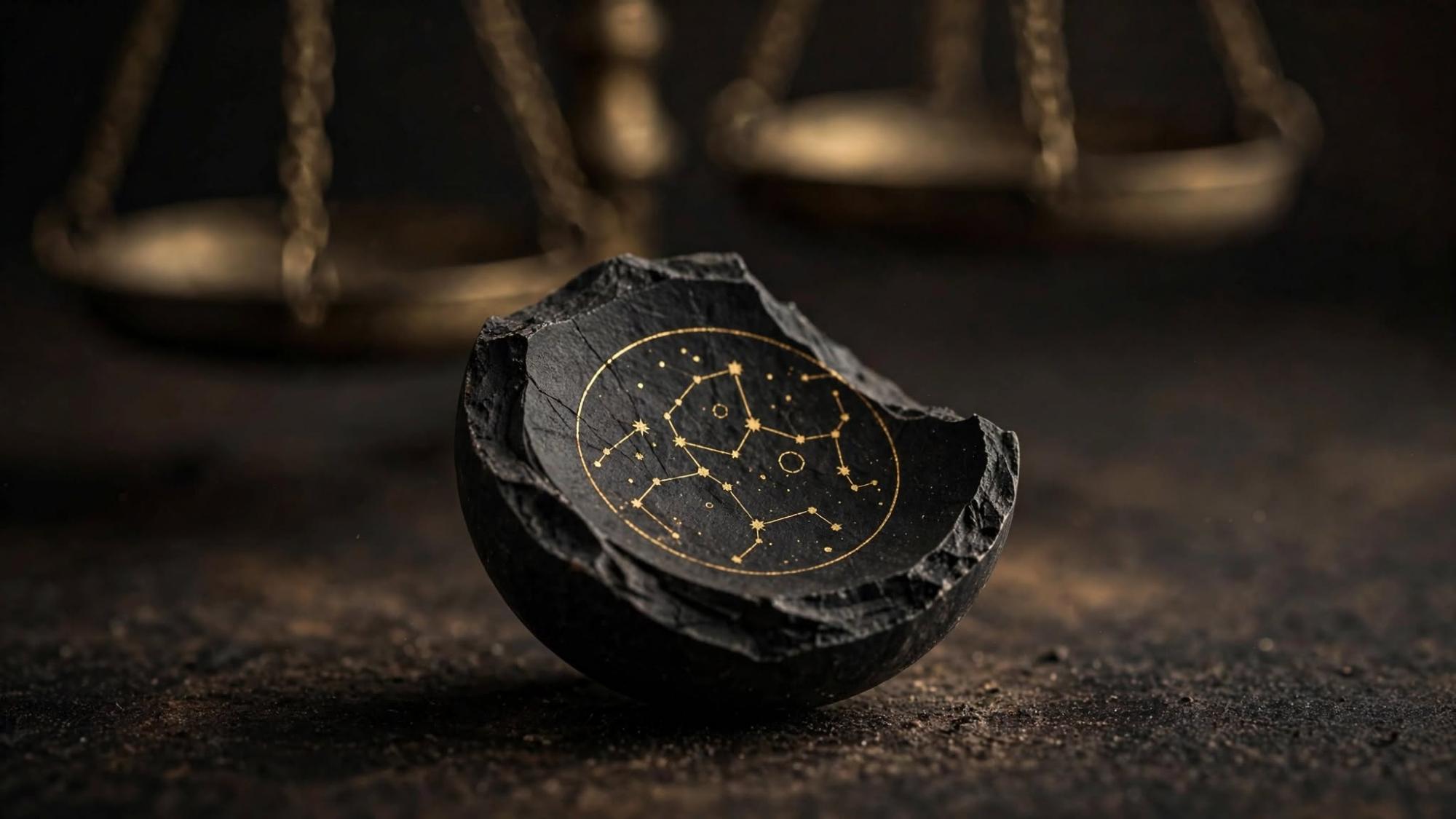 A broken piece of black stone. A gold constellation is set in it. Two scales stand soft behind it.
