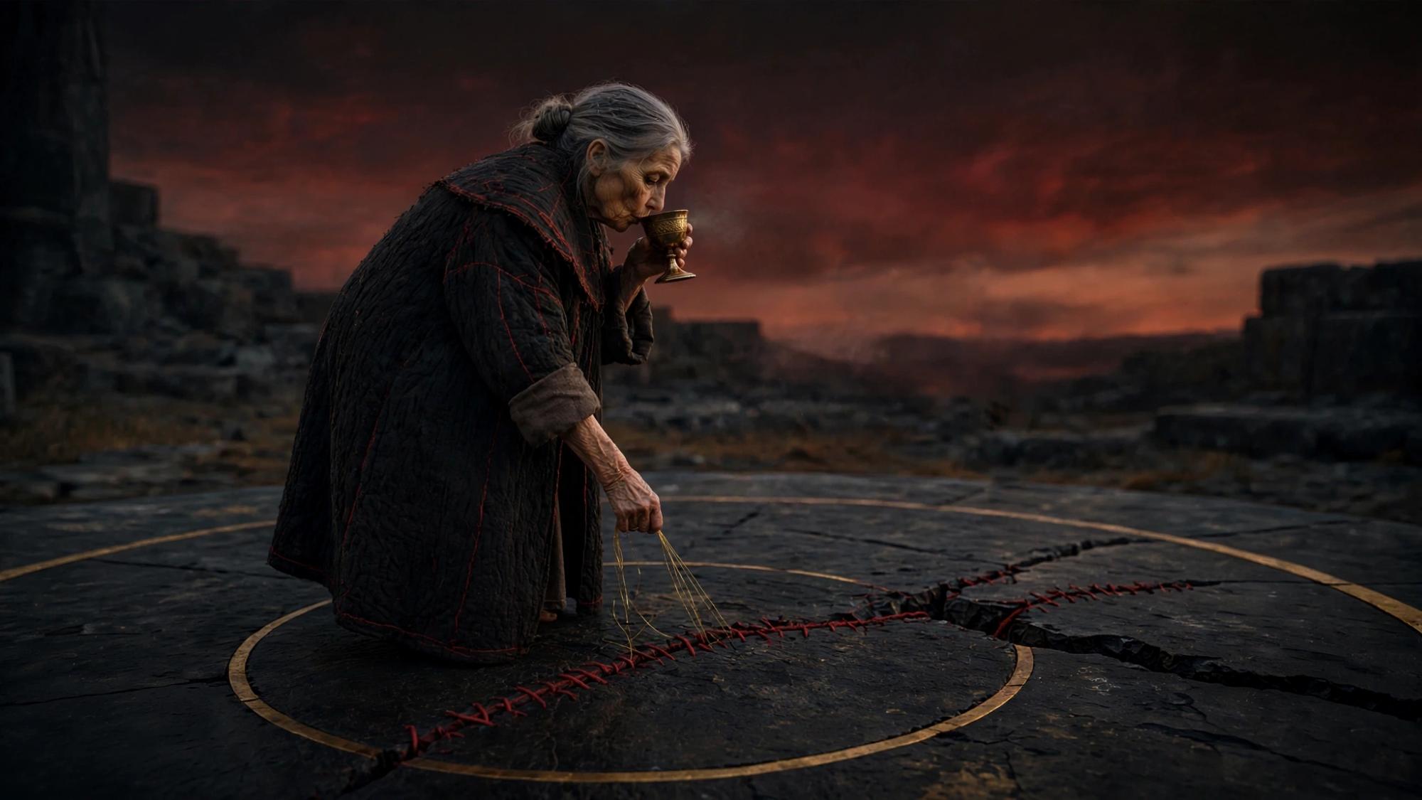 She kneels and drinks from a gold cup. The crack is sewn shut with red thread. A few gold threads are in her other hand.