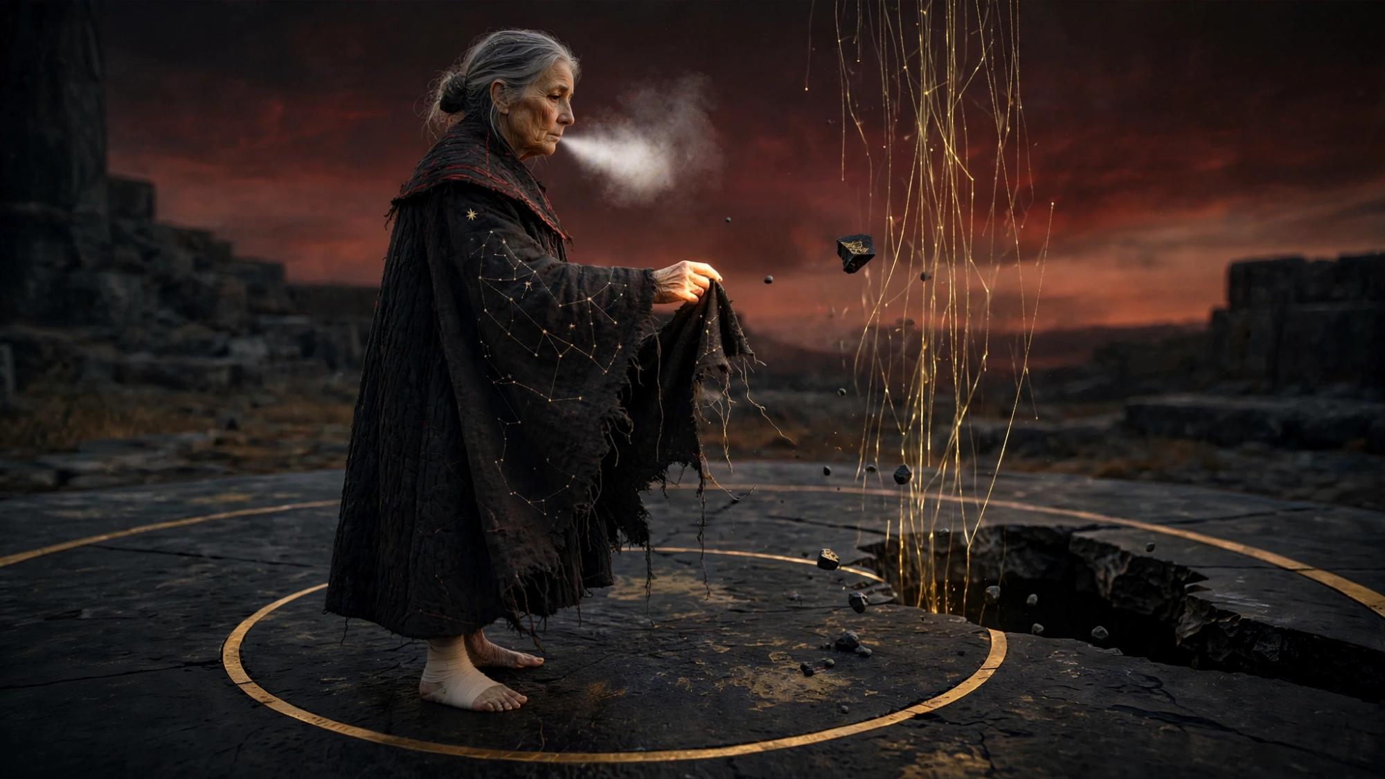 A torn piece of the coat is in her hand. Stones rise out of the hole with the gold.