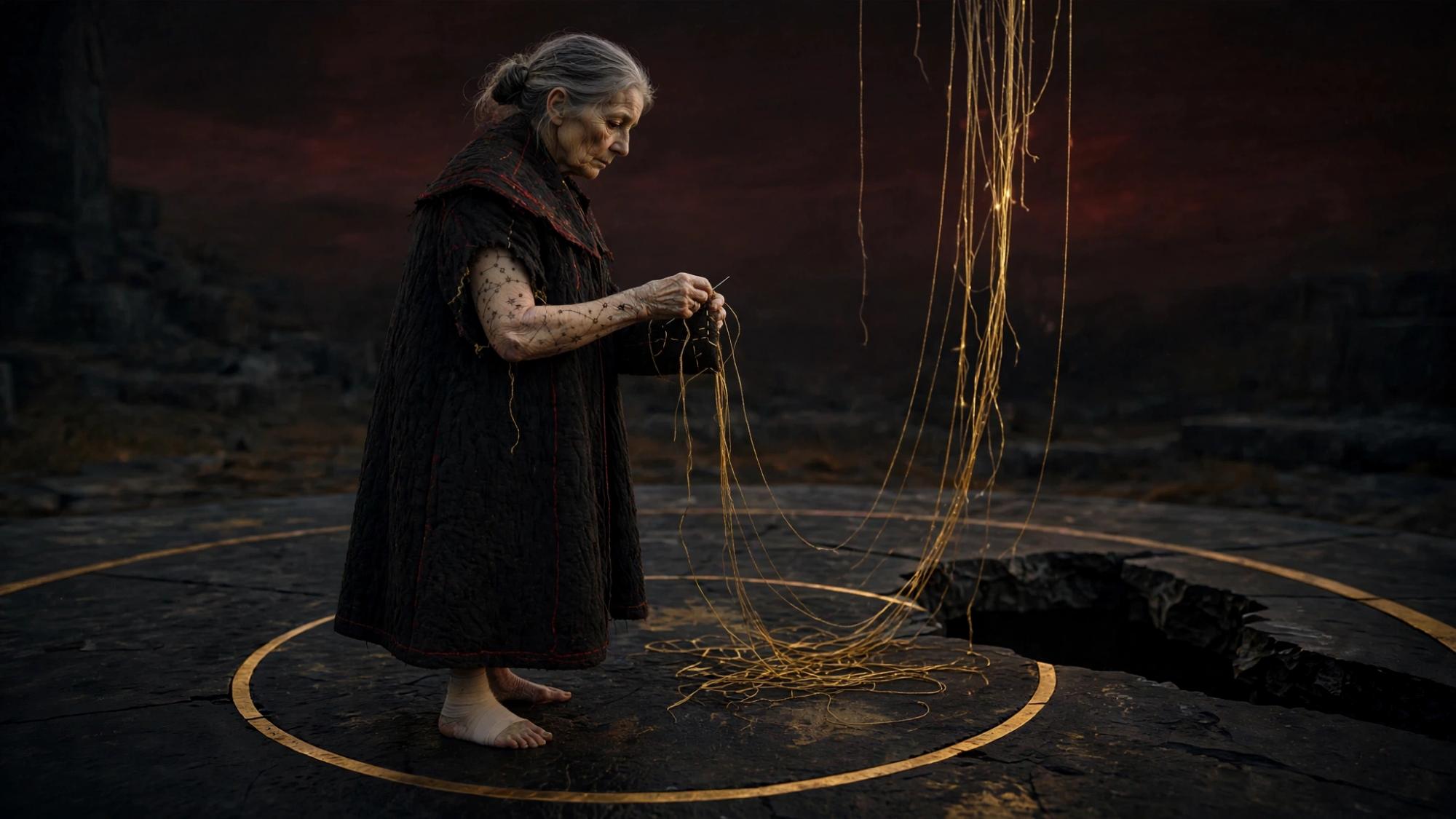She is alone. Both hands work a knot of gold thread. A pile of it runs into the hole.