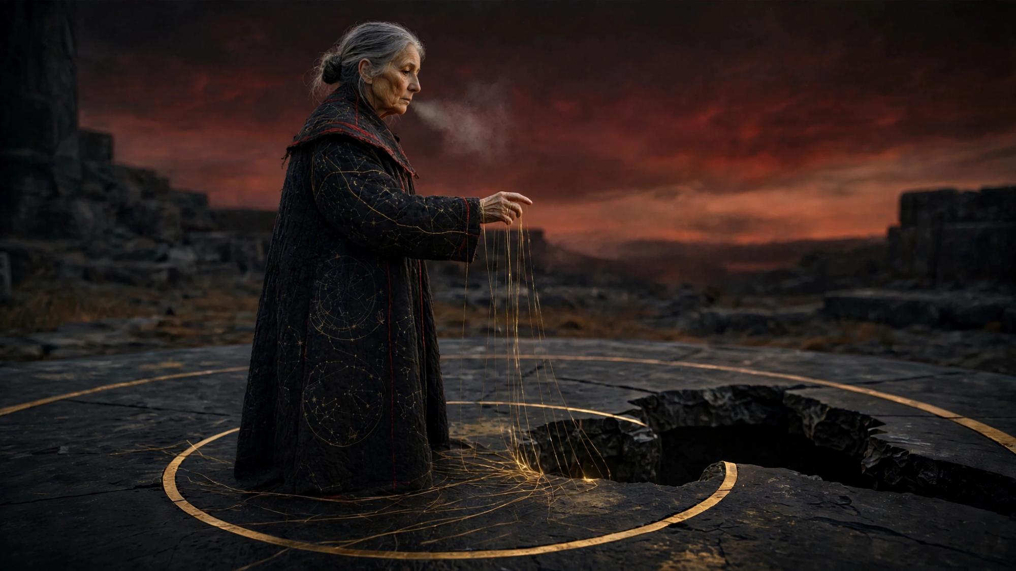 She stands inside the ring, maps stitched on the coat, her hand over the gap, threads going down into it.