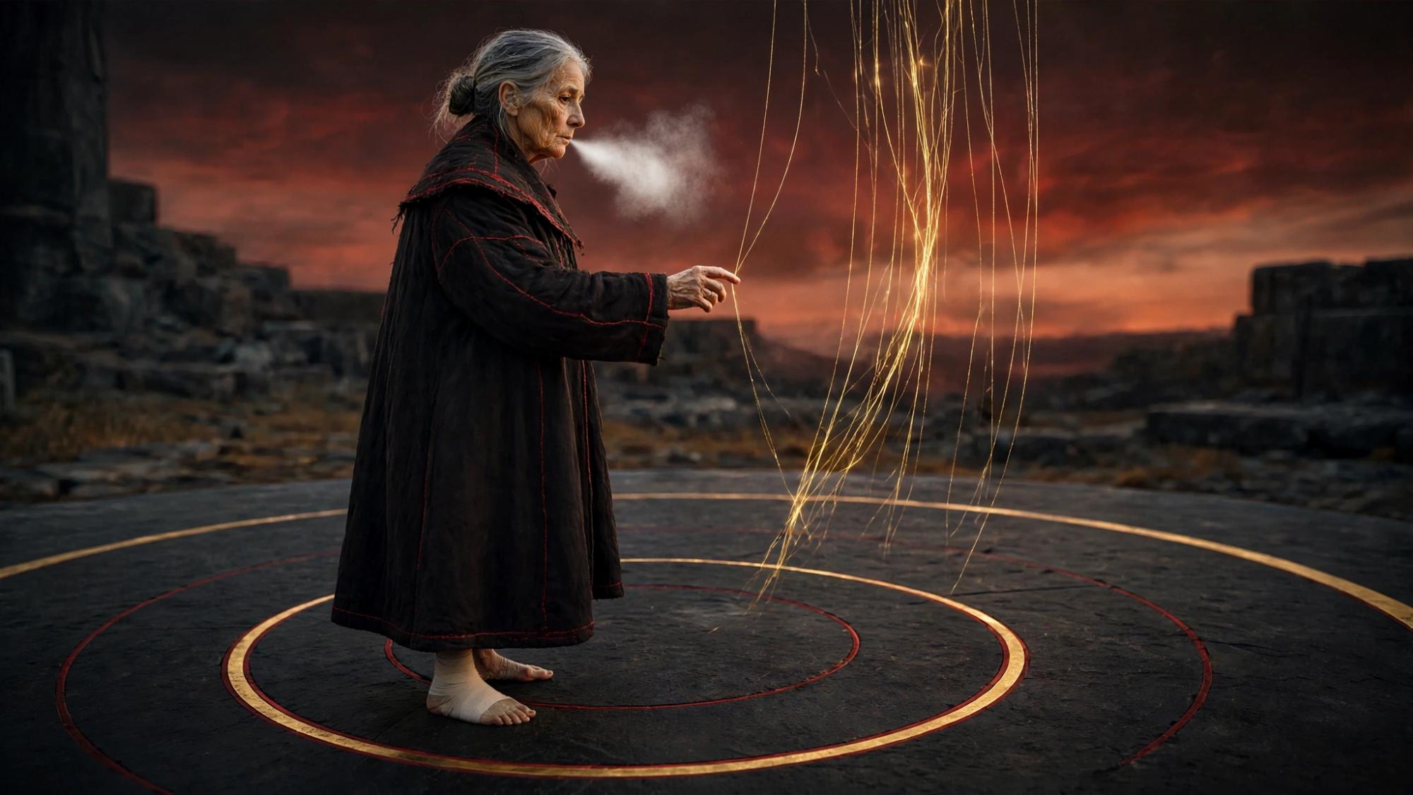 She stands in the rings, barefoot, one ankle wrapped, her hand on a rising thread. Her breath shows.