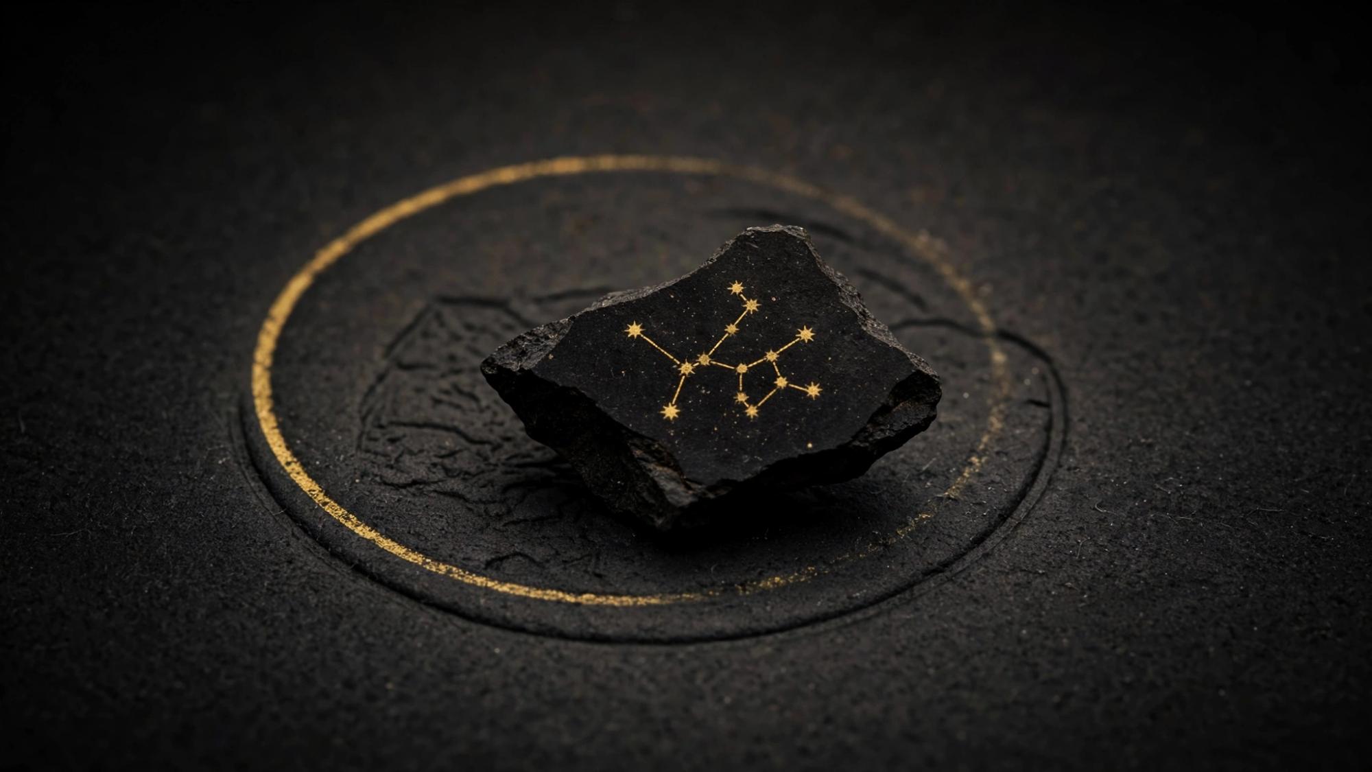 A piece of black stone, small enough to hold, a gold constellation set in it. One gold ring sits soft behind it.