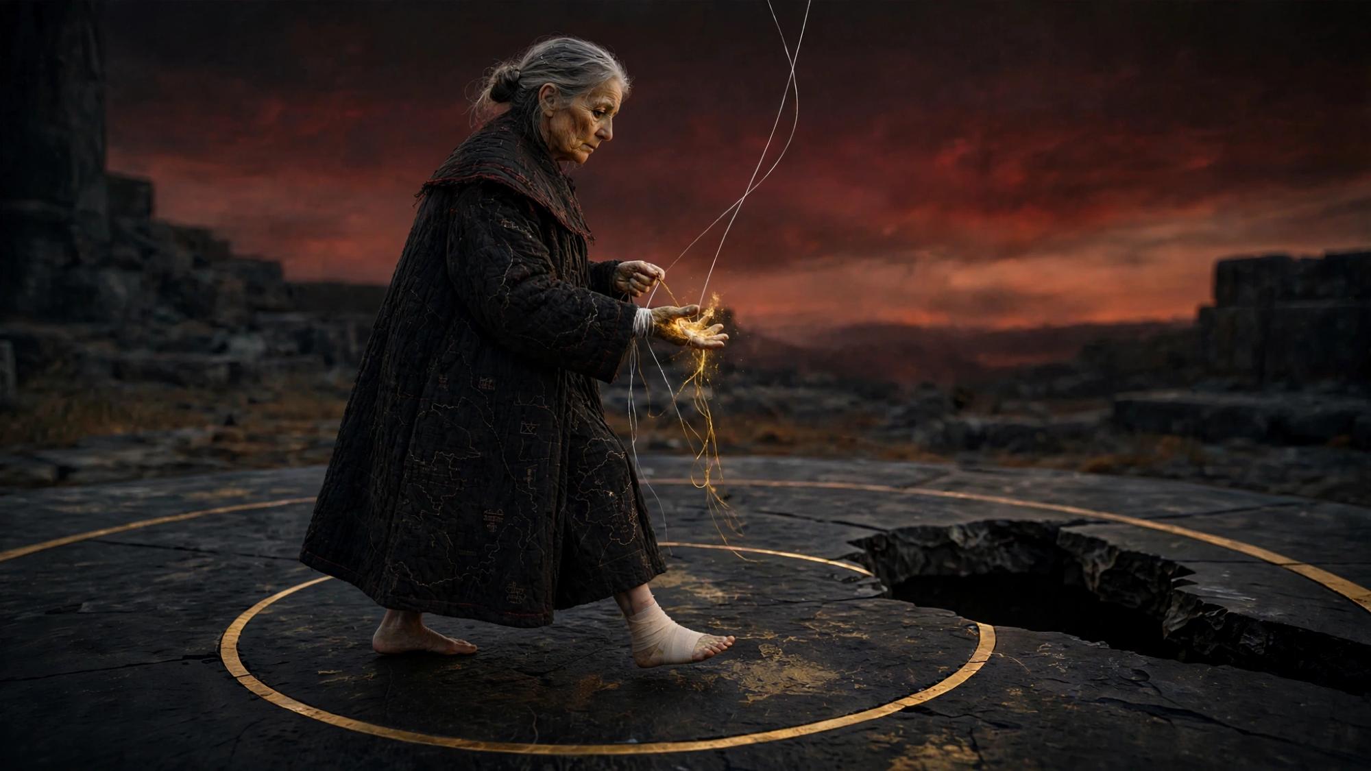 Gold burns in her open palm. One foot is lifted, the ankle wrapped, toward the hole.
