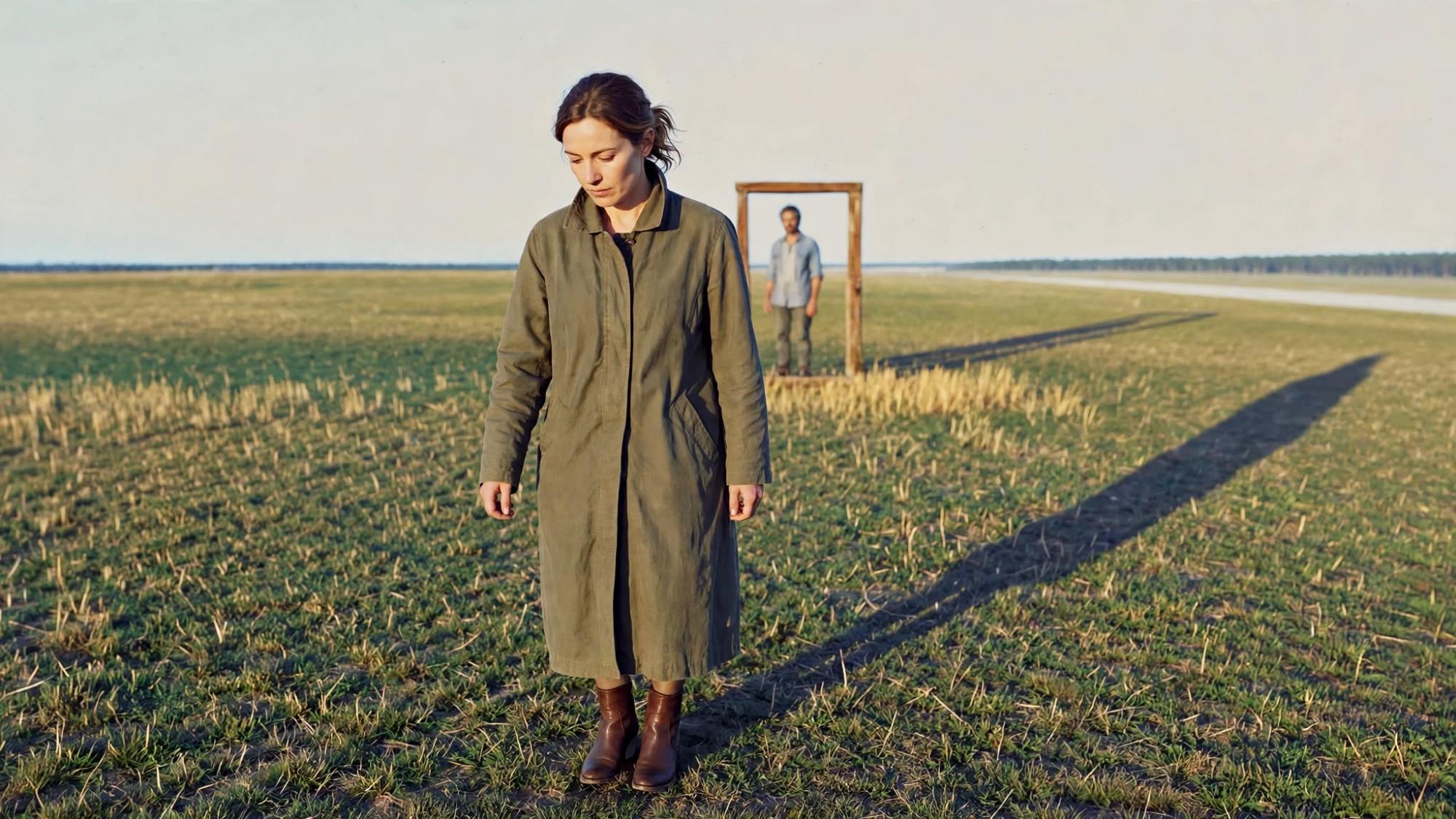 She keeps walking. The doorway is already small behind her. He stands at the sill, mouth closed. Nothing is written in the grass between them.