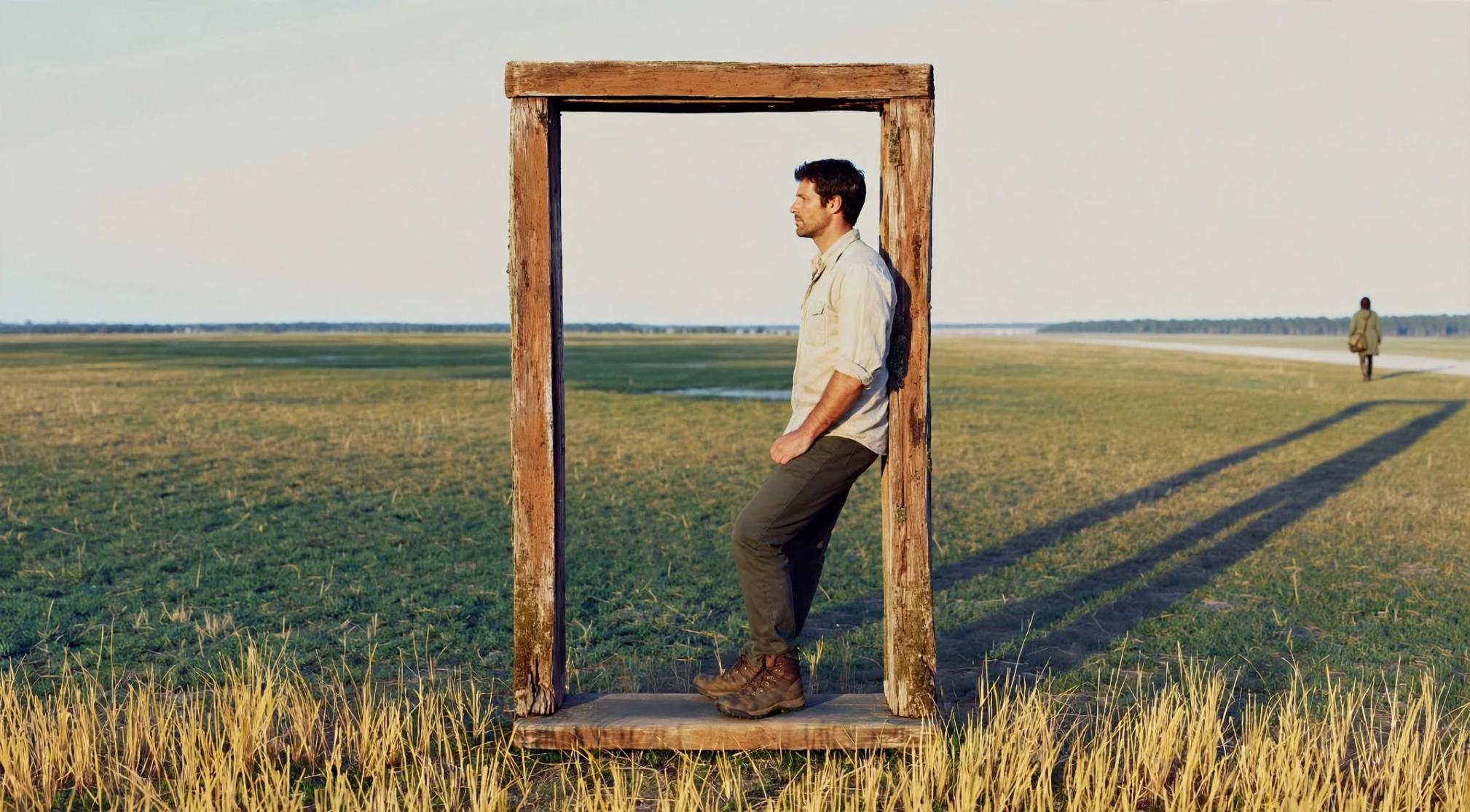 The woman is small on the road. The man remains by the post. Only the doorway's shadow refuses the hour.