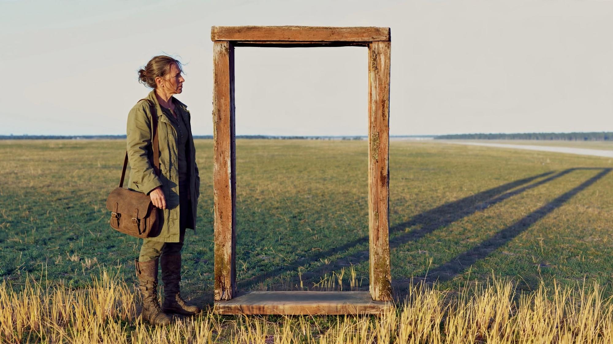 A woman of forty in an open olive coat slows at the doorway and looks at the wood.