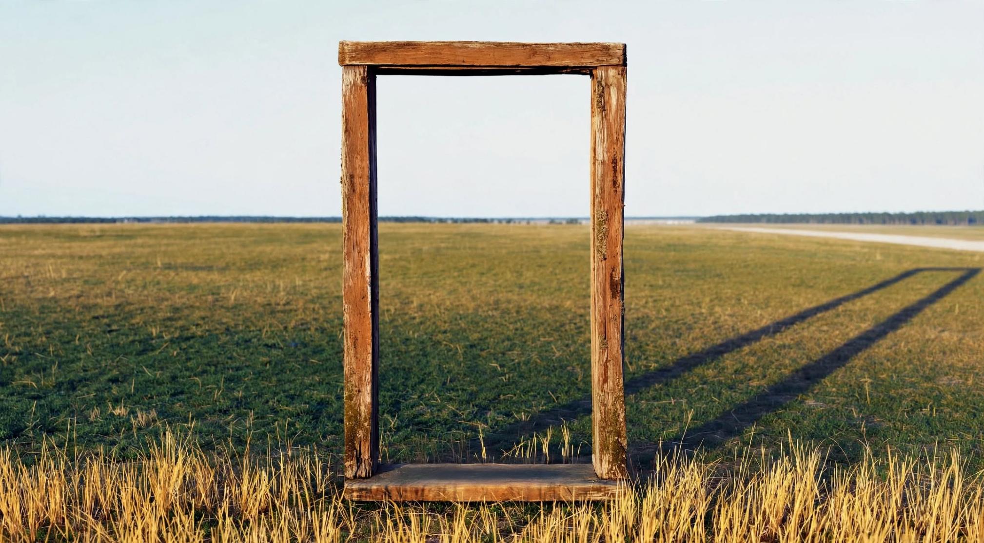 A wooden doorway in tall grass at noon. Its shadow lies long, back toward the road. The stems throw short shadows. No one has reached the wood.