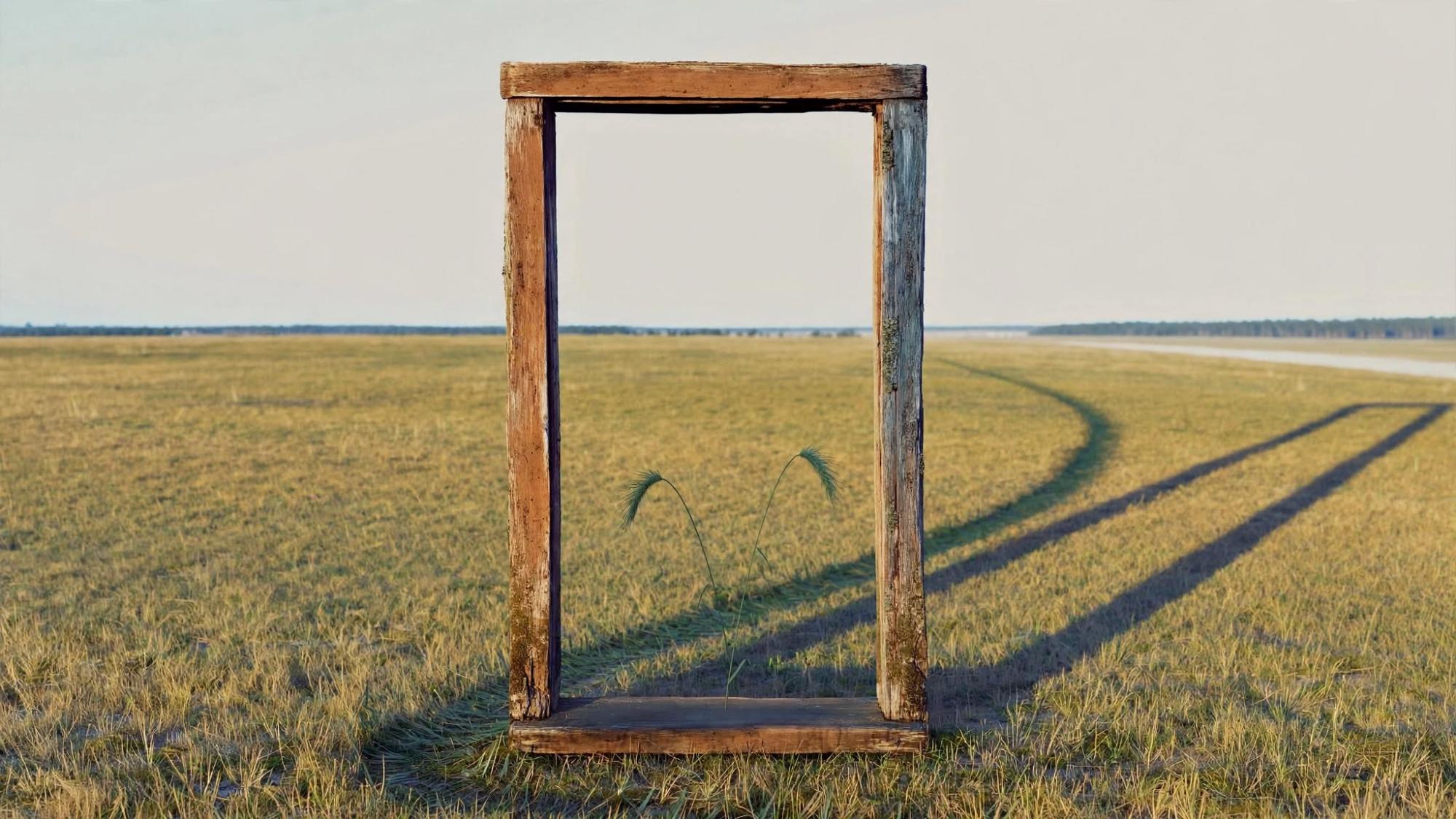 Two seed heads bow inside the doorway. The rest of the grass is still.