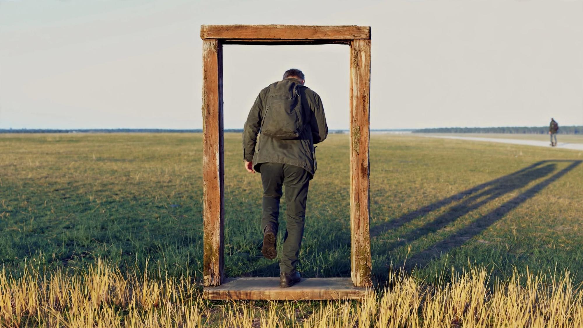 The man at the sill, one boot on the wood, the foot in it. Dry grass near, darker grass through the frame. One traveler walks the dry way around.