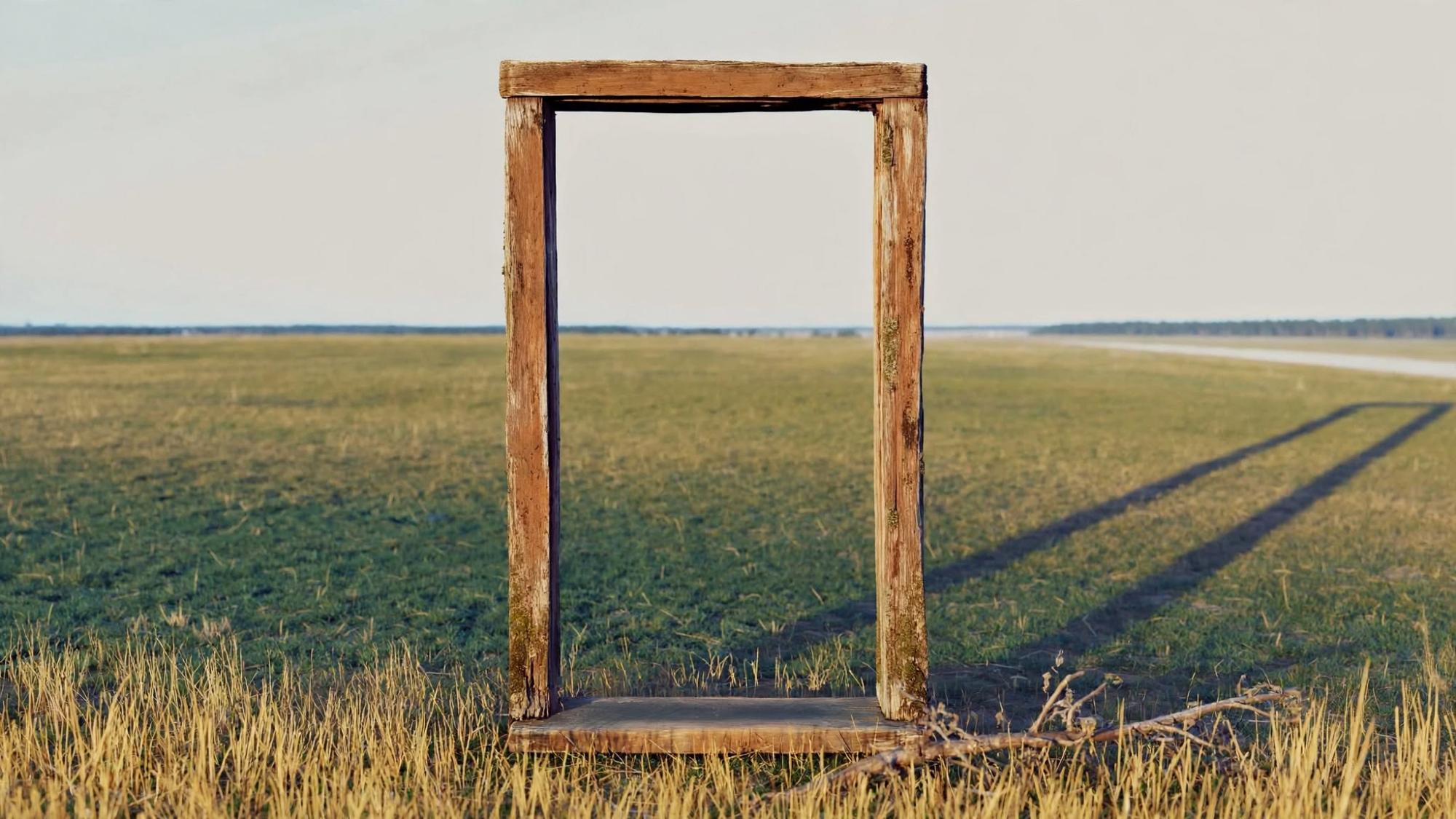 A dry twig has stopped in the grass beside the doorway. The long shadow stays on the road.