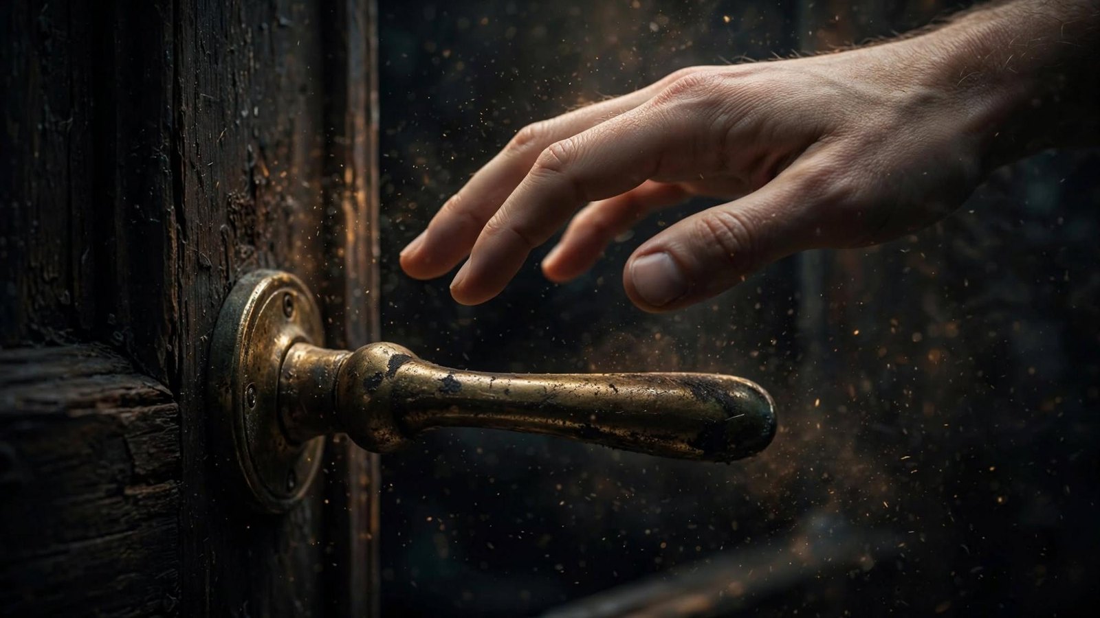 A hand hovers over a worn handle and does not take it.