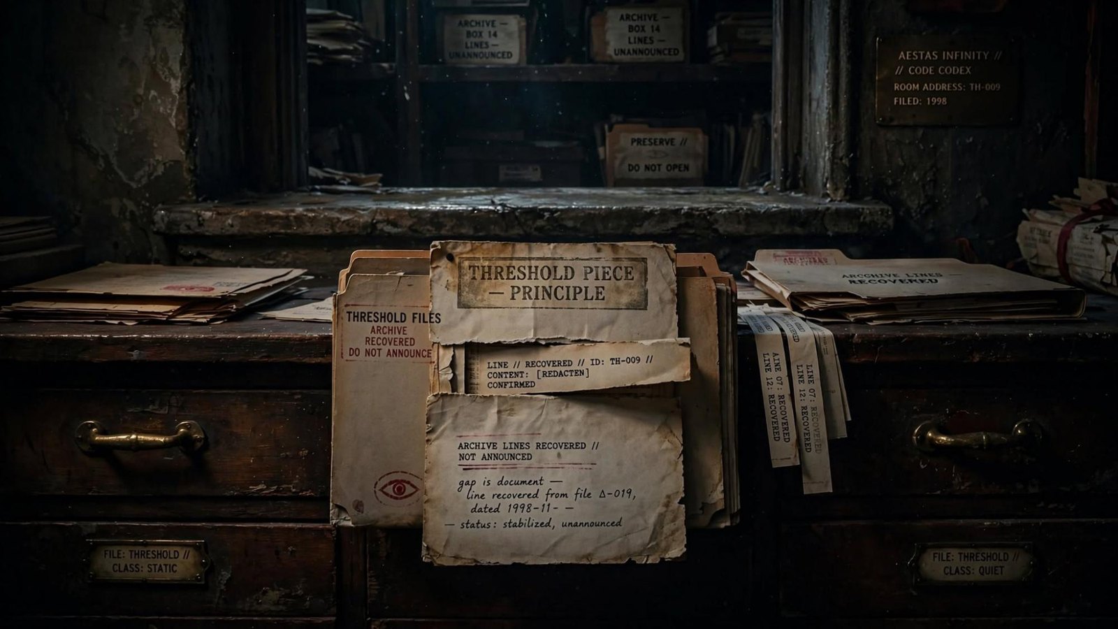 A recovered file for Threshold Piece. The page says the gap is the document, and that the line was not announced.
