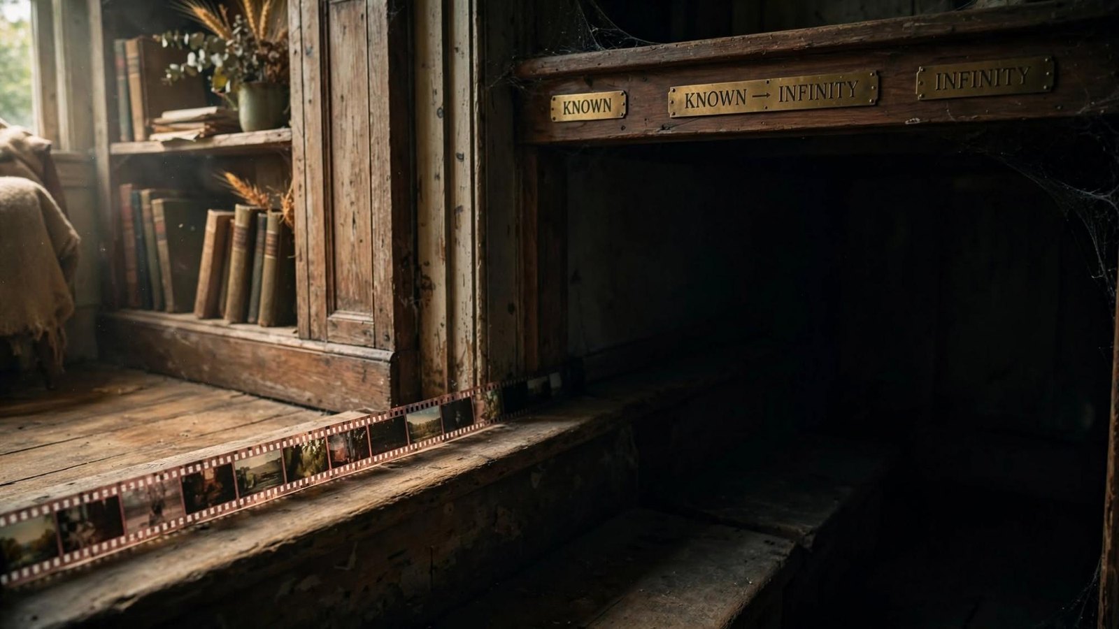 A film strip lies on the wooden sill. Brass reads known, then infinity. The far side is dark.