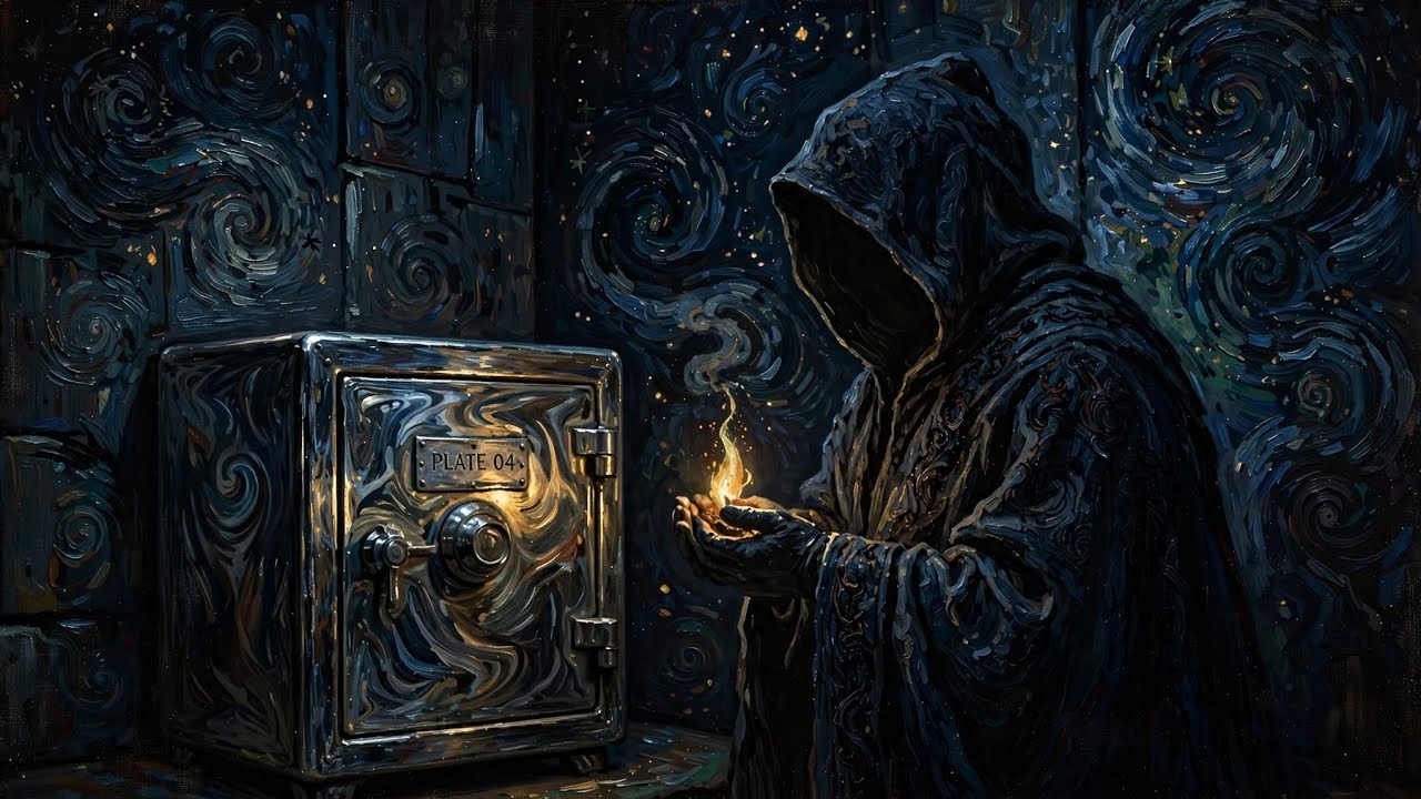 A man in a dark suit, seen from behind, at a steel vault door with a gold-lit round window
