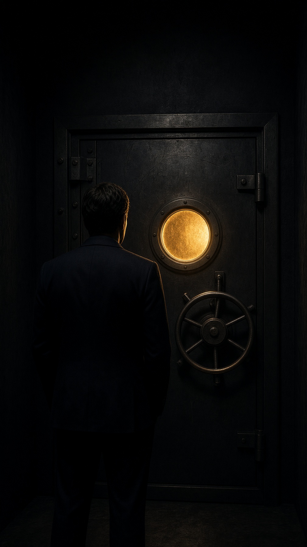 A man in a dark suit, from behind, at a closed steel door with gold light in the round window