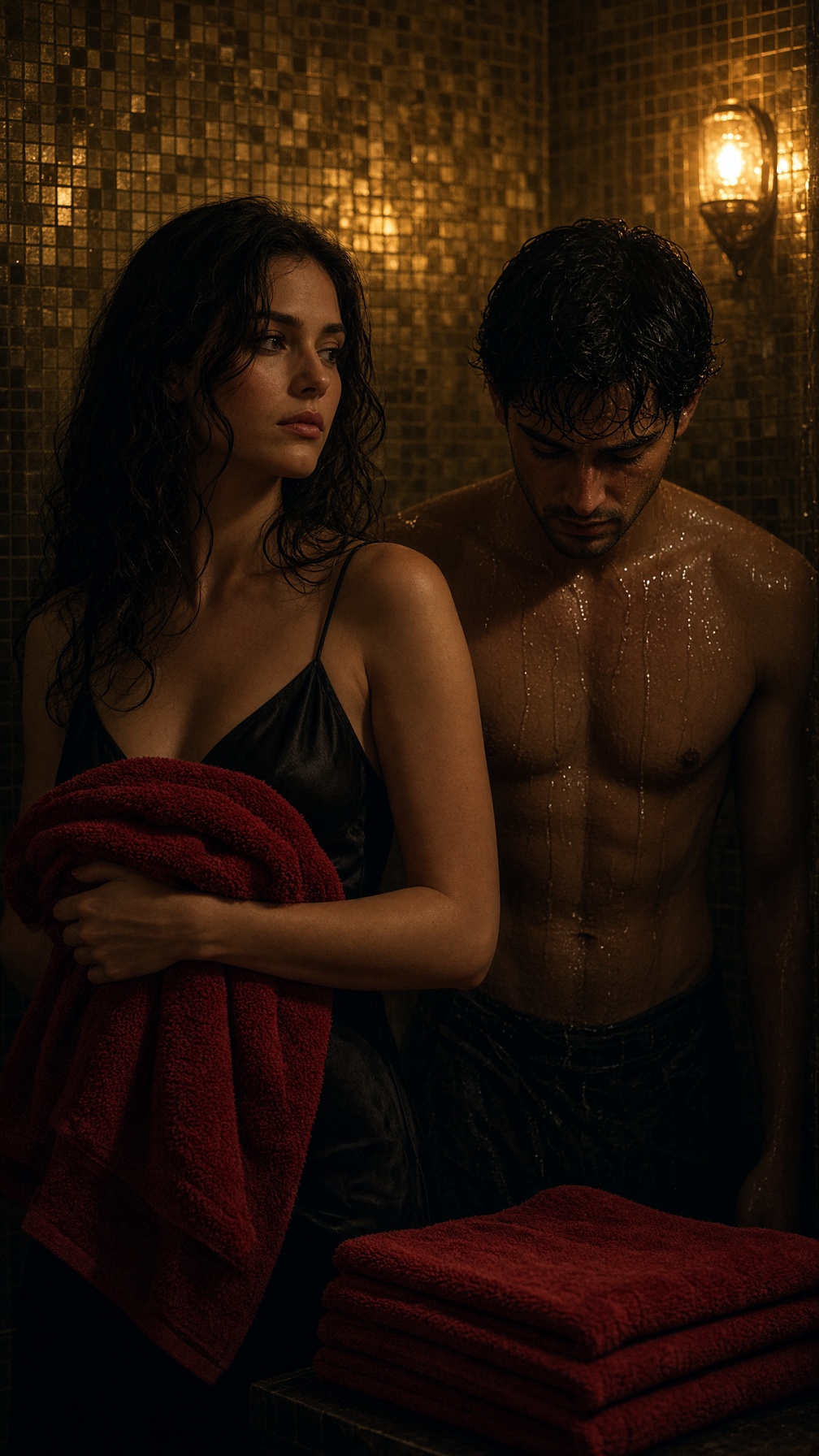 A Cancer woman holding a folded red towel beside a wet Pisces man, in a gold-mosaic bathroom