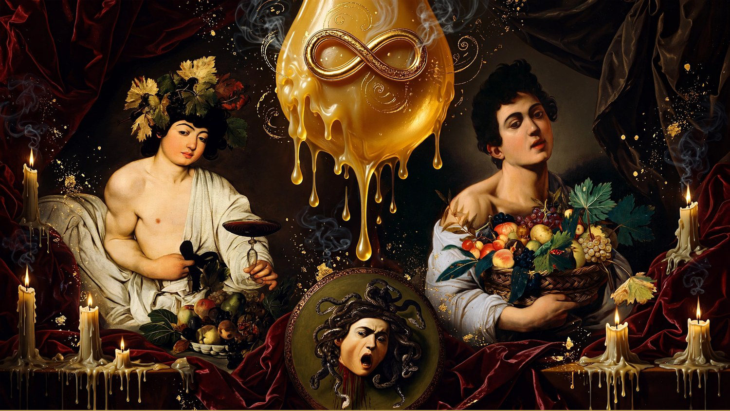 A gold drop of wax in the shape of an infinity sign, over Bacchus, the boy with the basket and the Medusa shield