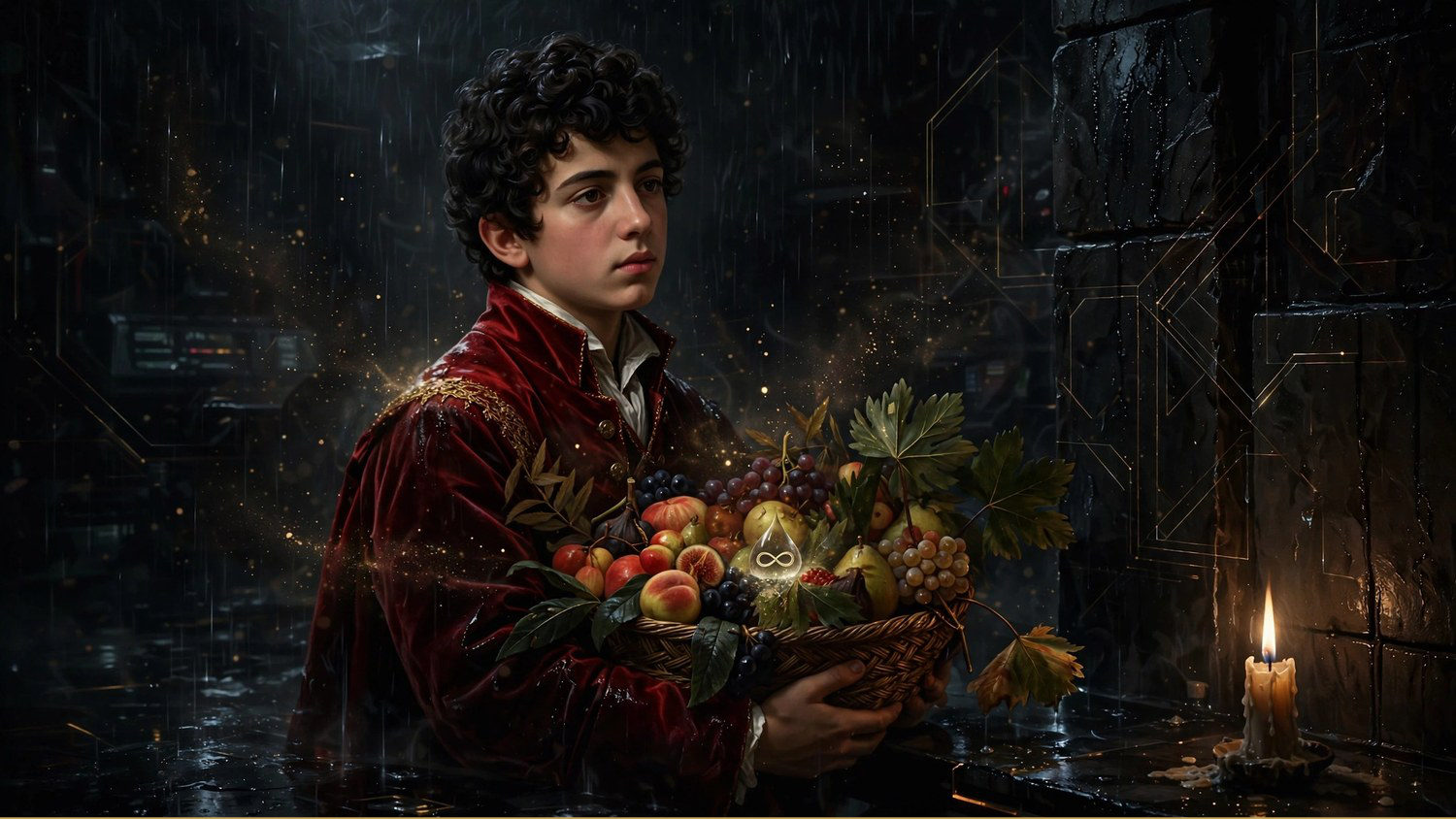 A boy in a crimson doublet holding a basket of fruit, one candle at the stone