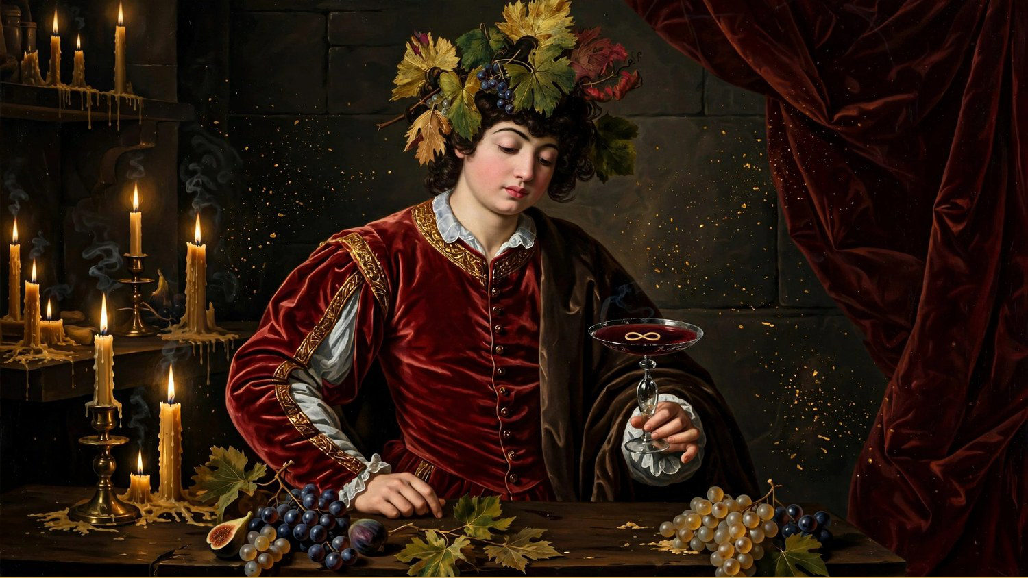 A vine-crowned youth raising a glass of wine, candles behind him