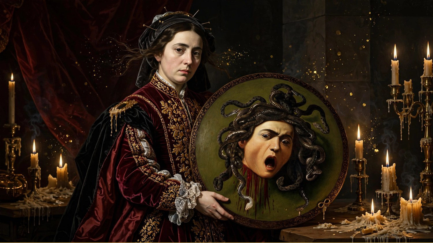A woman holding a round shield with Medusa's screaming head