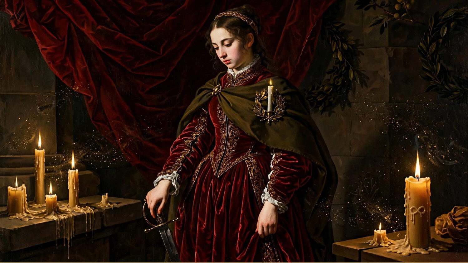 A woman in crimson holding a sword down at her side, candles behind her
